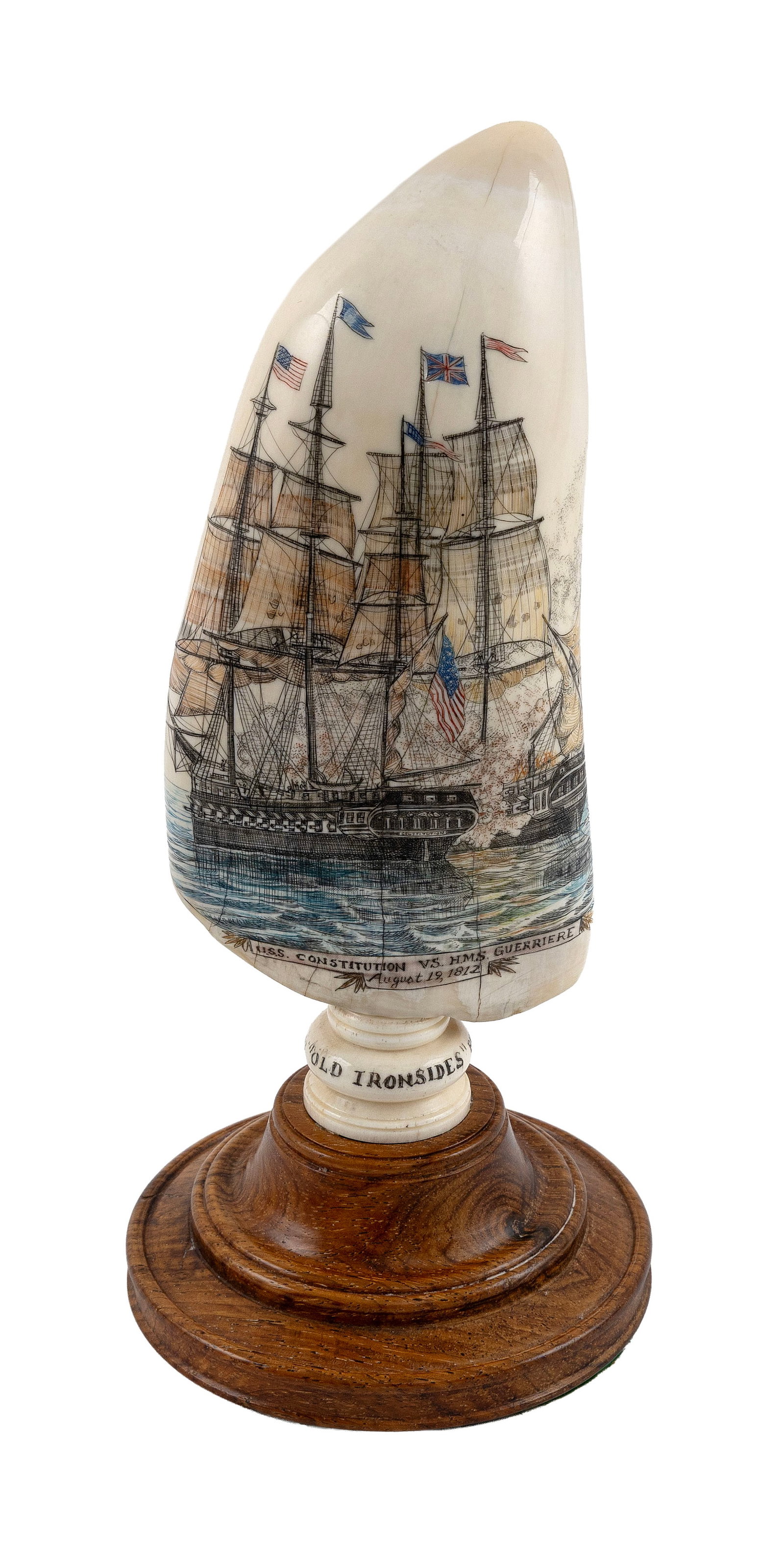 * MICHAEL VIENNEAU POLYCHROME ENGRAVED WHALE'S TOOTH PERTAINING TO THE WAR OF 1812 Nantucket, (1 of 2)
