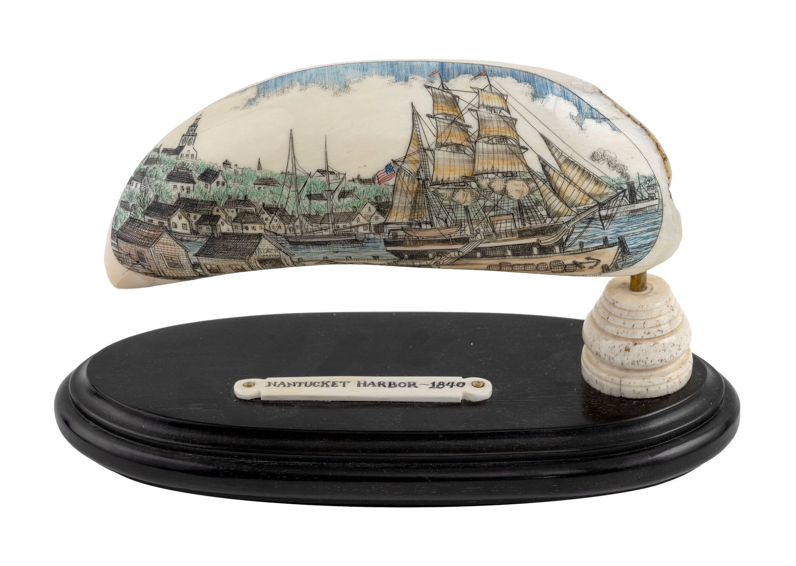 * MICHAEL VIENNEAU POLYCHROME ENGRAVED WHALE'S TOOTH "NANTUCKET HARBOR 1840" Nantucket, (1 of 1)