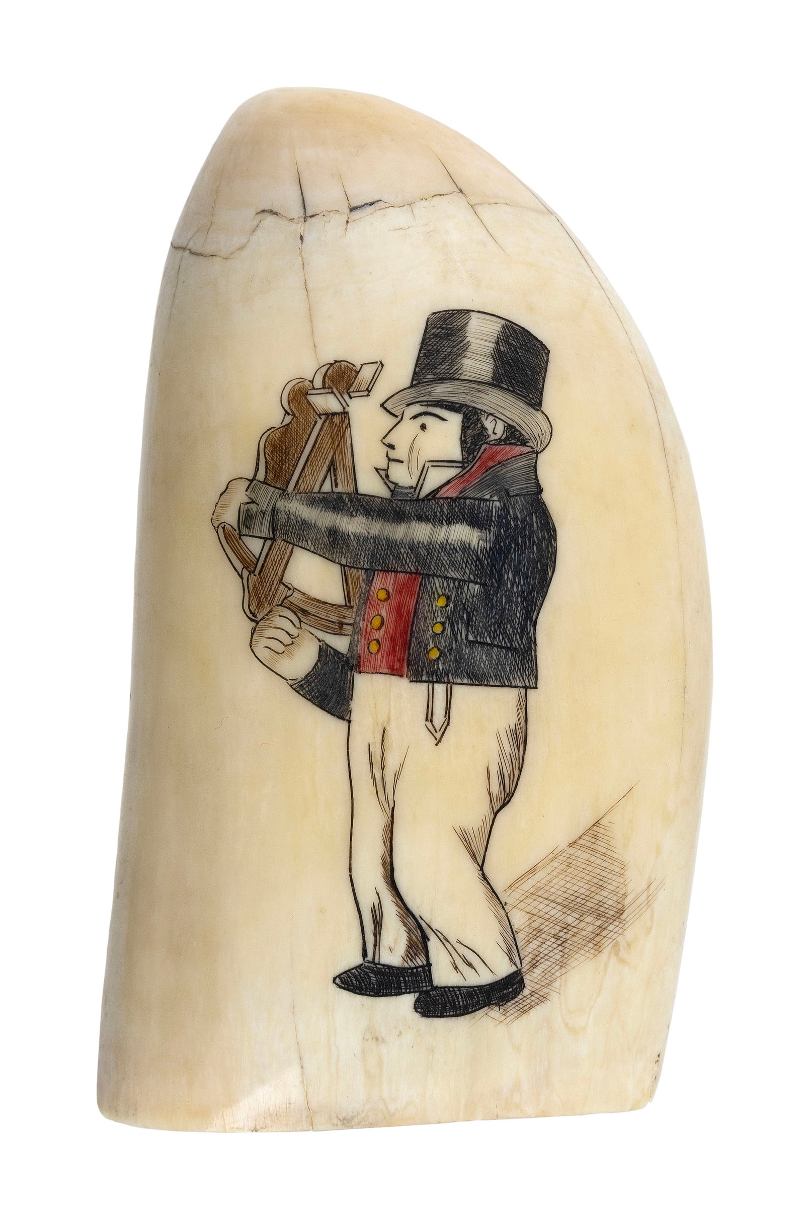 * POLYCHROME ENGRAVED WHALE'S TOOTH DEPICTING THE "LITTLE NAVIGATOR" 20th Century Height 4.5". (1 of 2)
