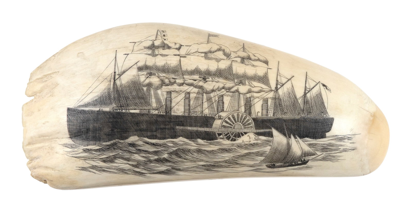 * ENGRAVED WHALE'S TOOTH DEPICTING A LARGE SIDE-WHEEL STEAM/SAIL VESSEL Length 6.75". (1 of 1)