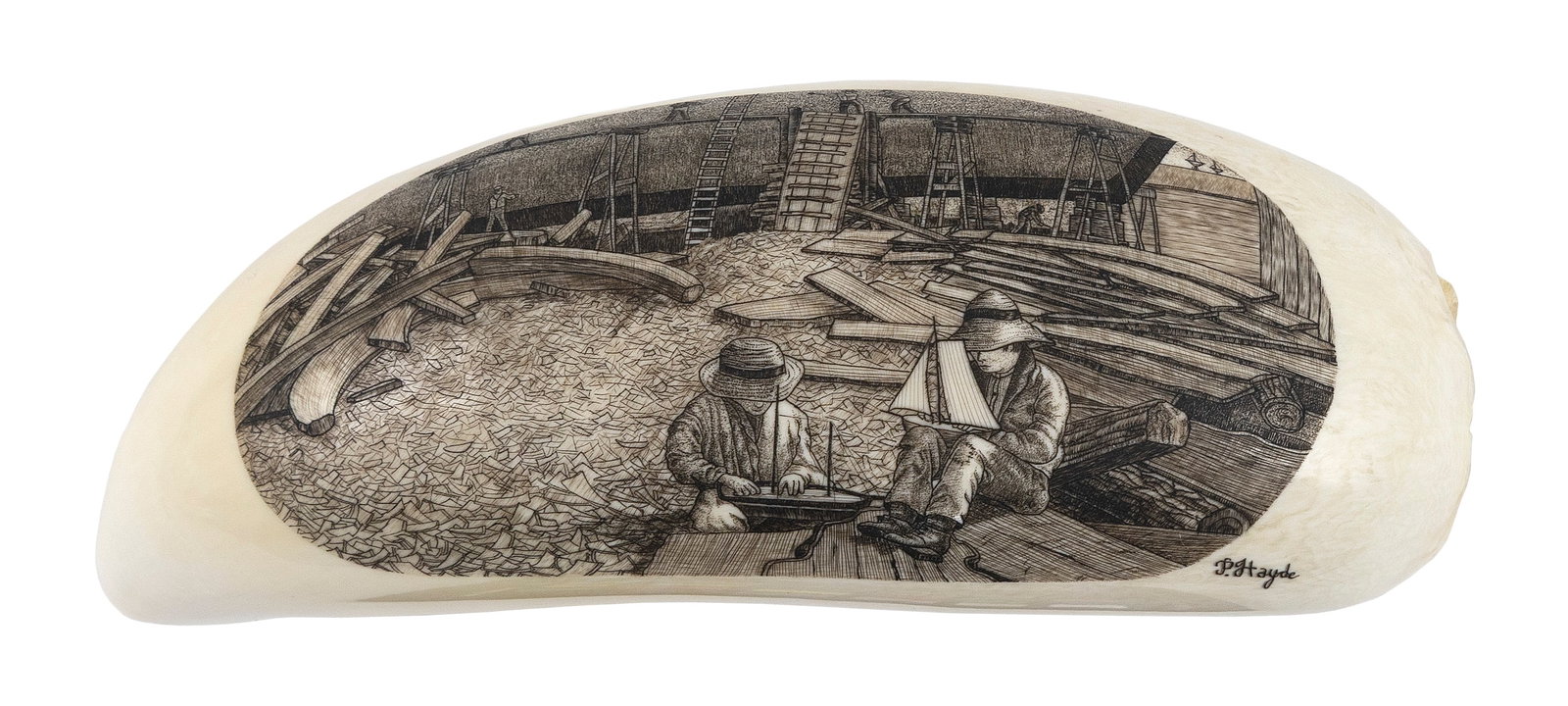 * ENGRAVED WHALE'S TOOTH WITH FIGURAL SCENE Length 6.5". (1 of 1)