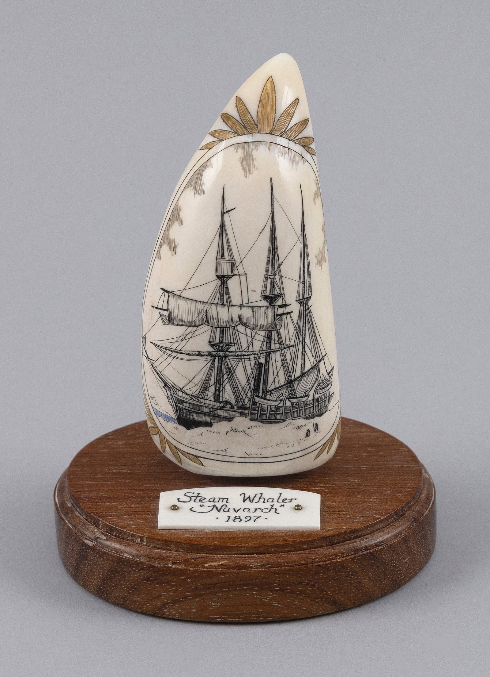 * CHARLES MANGHIS POLYCHROME ENGRAVED WHALE'S TOOTH Nantucket, Massachusetts, Contemporary Length (1 of 1)