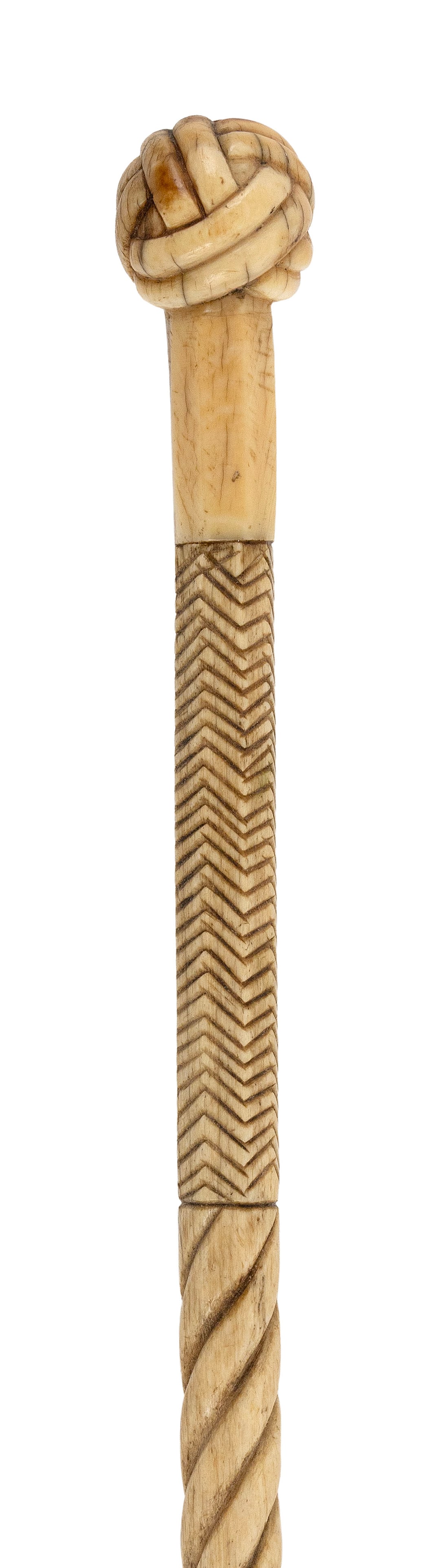EXCEPTIONAL CARVED WHALE IVORY AND WHALEBONE CANE 19th Century Length 33.5". (1 of 1)