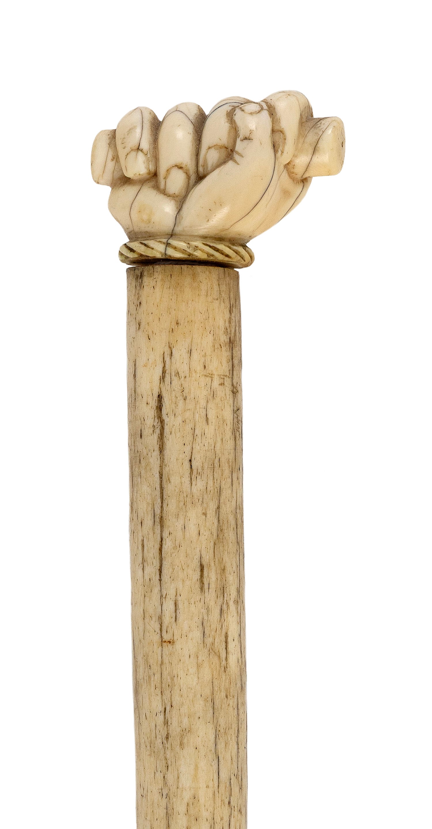 CLENCHED FIST CANE 19th Century Length 42.75".: CLENCHED FIST CANE 19th Century Whale ivory handle carved as a clenched fist holding a baton. Heavy whalebone shaft. Length 42.75". Provenance: The Barbara Johnson Whaling Collection.
