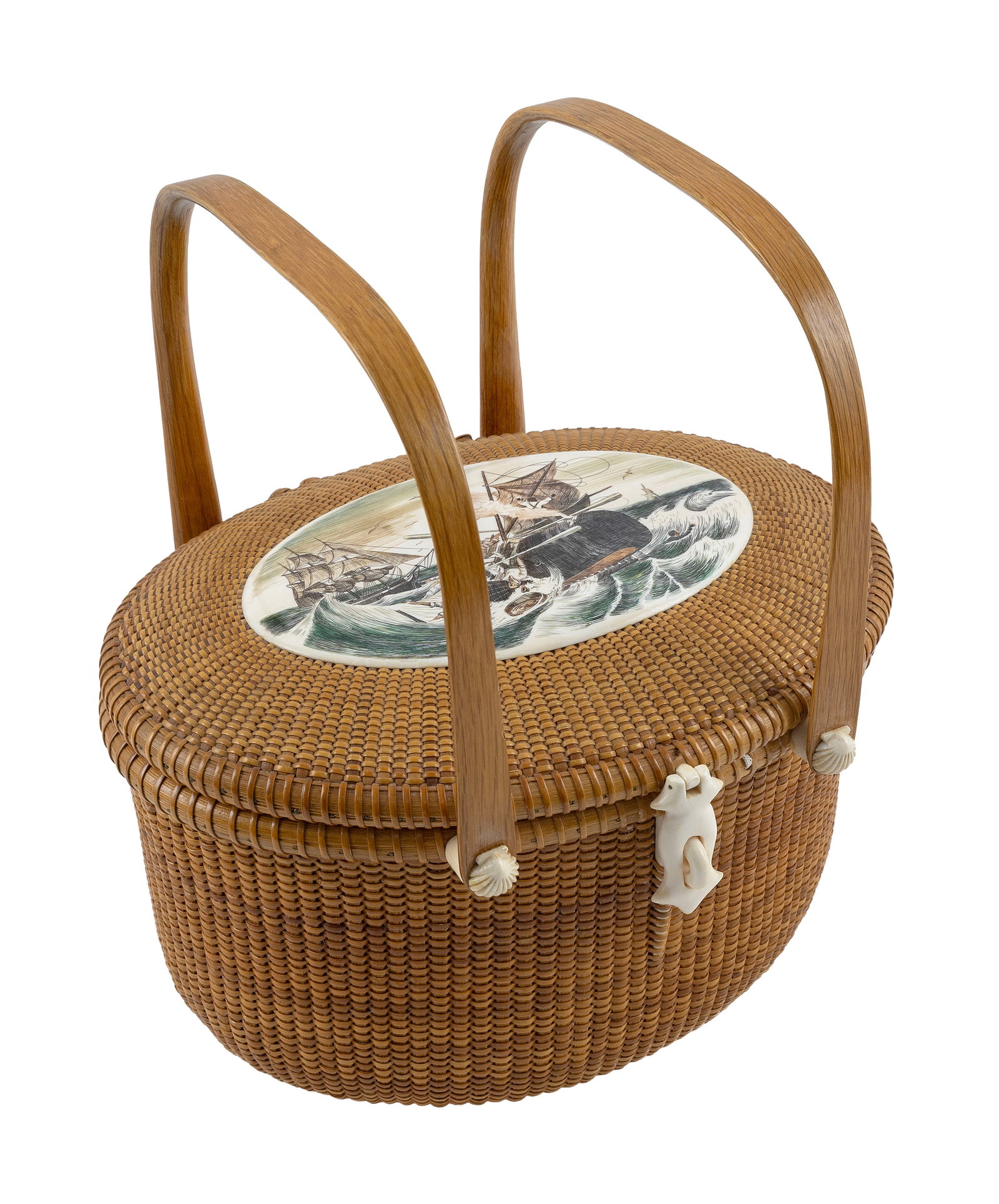 MICHAEL KANE NANTUCKET BASKET PURSE Nantucket, Massachusetts, Contemporary Height 7". Width 11".: MICHAEL KANE NANTUCKET BASKET PURSE Nantucket, Massachusetts, Contemporary Double swing handles. Polychrome engraved panels by Robert Spring mounted on both exterior and interior of lid, the exterior 