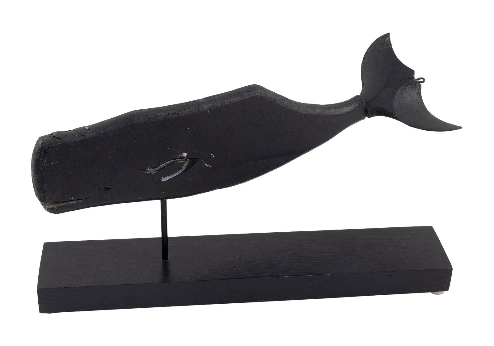 CHARLIE SAYLE CARVED AND PAINTED SPERM WHALE WHIRLIGIG Nantucket, Massachusetts, 1908-1994 Height on: CHARLIE SAYLE CARVED AND PAINTED SPERM WHALE WHIRLIGIG Nantucket, Massachusetts, 1908-1994 With open mouth, incised eyes and flippers, and a spinning tail. Mounted on a newer metal and wood stand, wit
