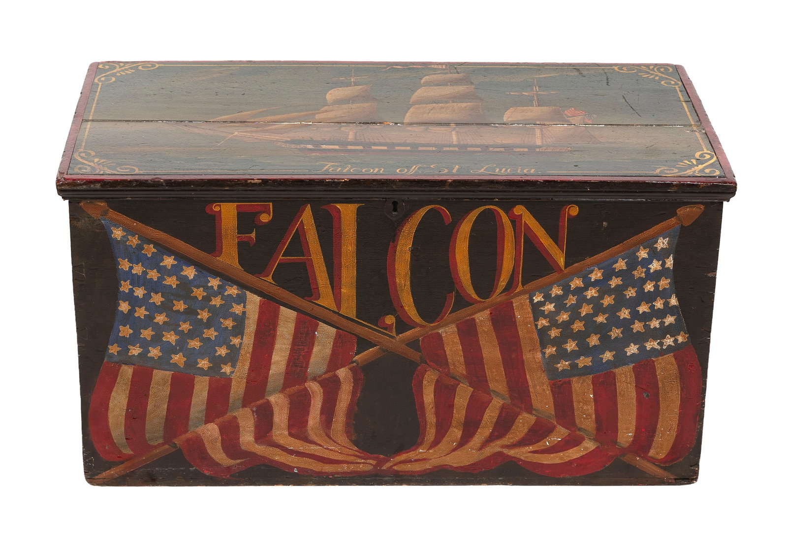 ANTIQUE BLANKET BOX WITH LATER PAINTED DECORATION OF THE SHIP "FALCON" 19th Century Height 19". (1 of 5)