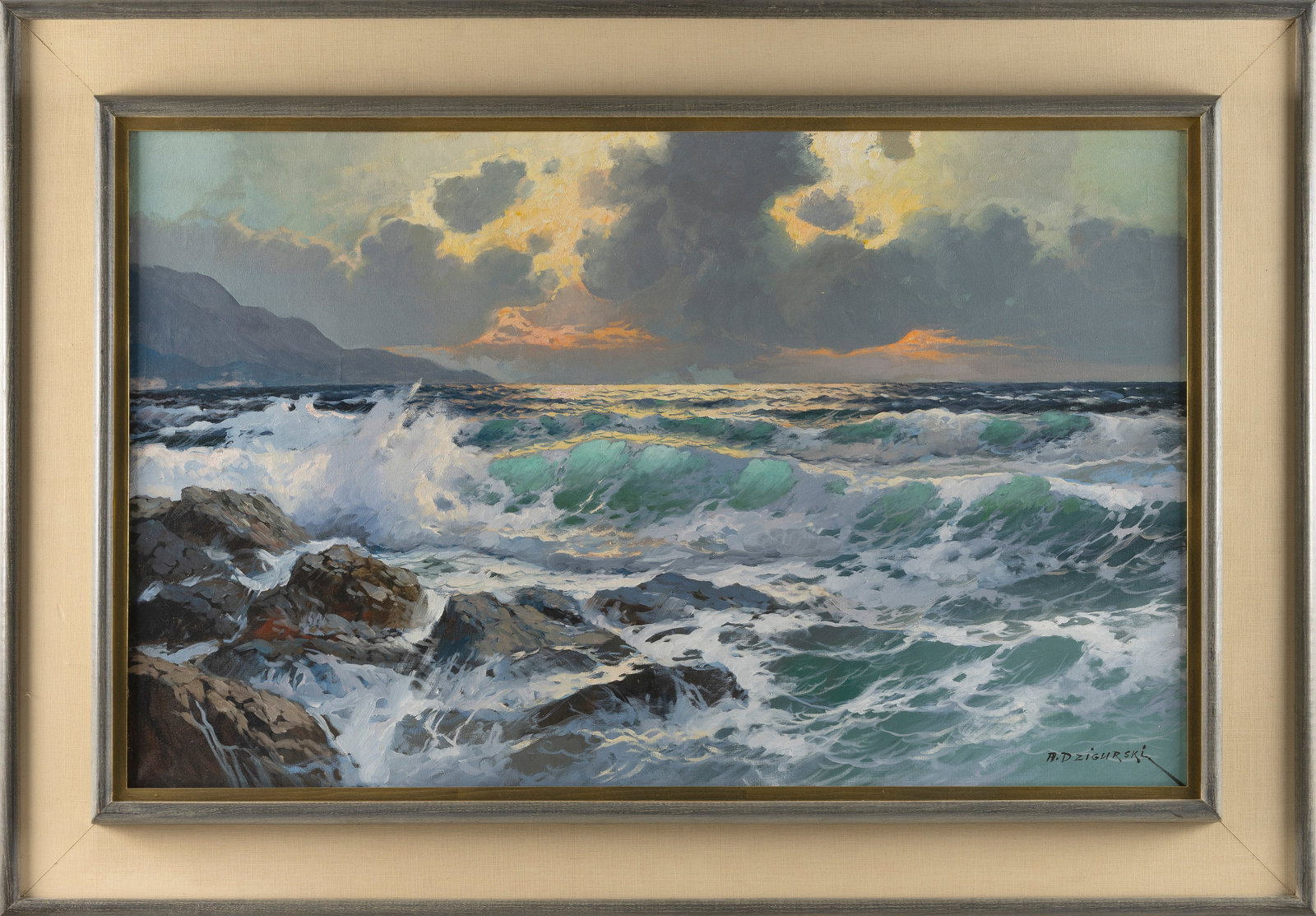 ALEXANDER A. DZIGURSKI (California, 1911-1995), California seascape., Oil on canvas, 26" x 42".: ALEXANDER A. DZIGURSKI California, 1911-1995 California seascape. Signed lower right "A. Dzigurski". Oil on canvas, 26" x 42". Framed 37" x 53". Provenance: A Private Nantucket, Massachusetts Estate.<