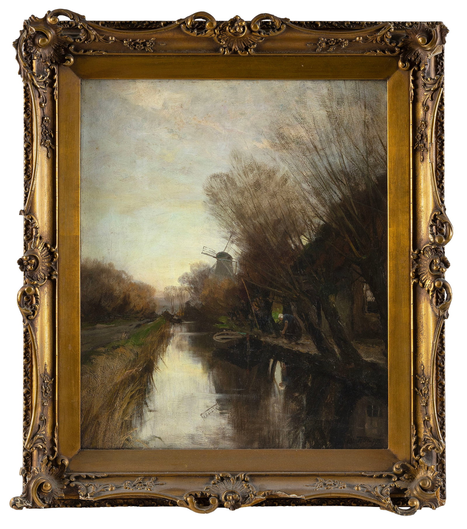 CHARLES PAUL GRUPPE (Massachusetts/New York/The Netherlands/Canada, 1860-1940), Dutch canal scene.,: CHARLES PAUL GRUPPE Massachusetts/New York/The Netherlands/Canada, 1860-1940 Dutch canal scene. Signed lower right "Chas P. Gruppe". Oil on canvas, 22" x 18". Framed 28.5" x 24.5". Provenance: A Priva