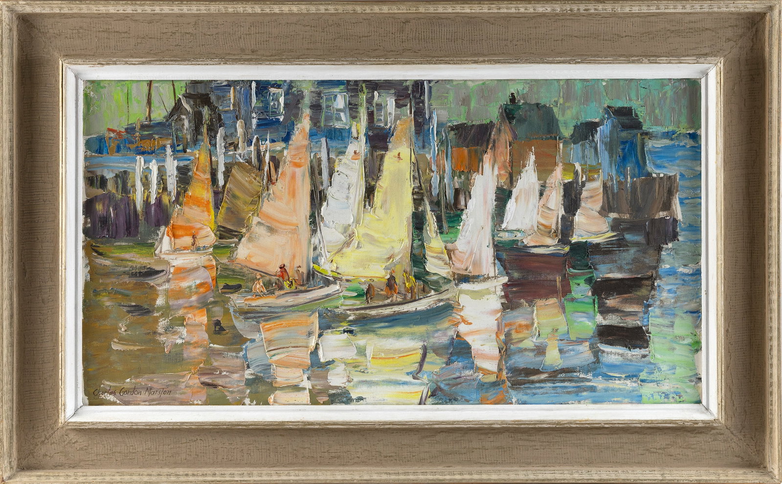 CHARLES GORDON MARSTON (Massachusetts, 1898-1980), "Sunny Morning, Rockport Yacht Club"., Oil on: CHARLES GORDON MARSTON Massachusetts, 1898-1980 "Sunny Morning, Rockport Yacht Club". Signed lower left "Charles Gordon Marston". Titled verso. Oil on canvas, 18" x 34". Framed 26" x 42". Provenance: 