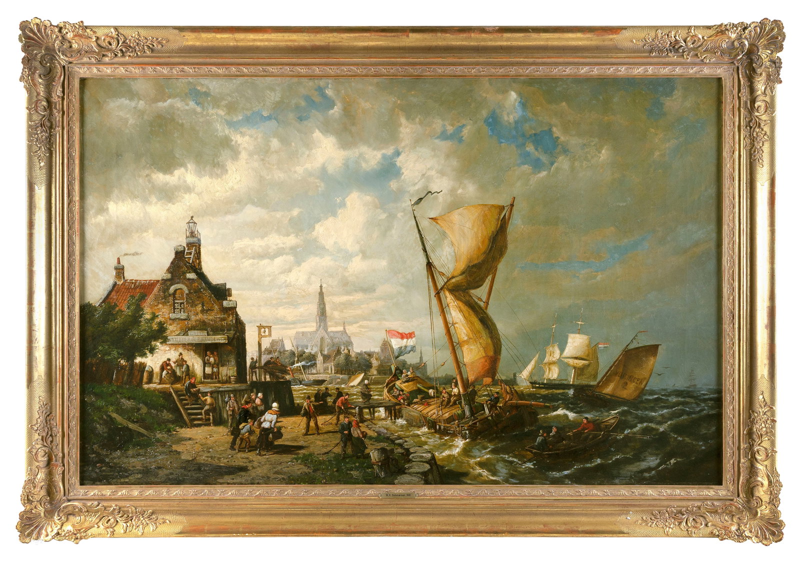 WILLIAM RAYMOND DOMMERSEN (The Netherlands, 1850-1927), View of Vlissingen Harbor., Oil on canvas,: WILLIAM RAYMOND DOMMERSEN The Netherlands, 1850-1927 View of Vlissingen Harbor. Signed lower left "Dommersen". Dated 1881 verso. Oil on canvas, 32" x 50.5". Framed 40" x 57".