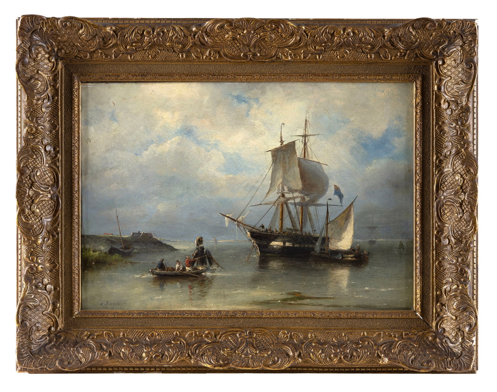 NICHOLAAS RIEGEN (The Netherlands, 1827-1889), Rowboat approaching a ship at anchor., Oil on canvas, (1 of 1)
