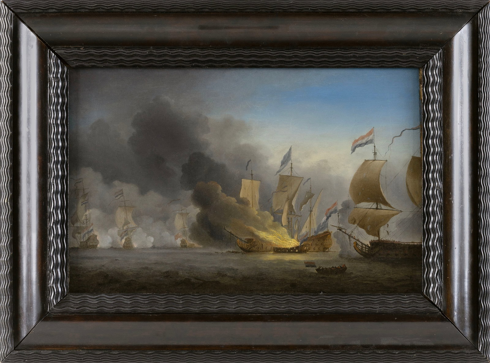 AFTER WILLEM VAN DE VELDE THE YOUNGER (Continental Europe, 18th Century), Battle of Solebay, after: AFTER WILLEM VAN DE VELDE THE YOUNGER Continental Europe, 18th Century Battle of Solebay, after Van de Velde the Younger's "The Burning of the Royal James at the Battle of Solebay". Depicts the Britis