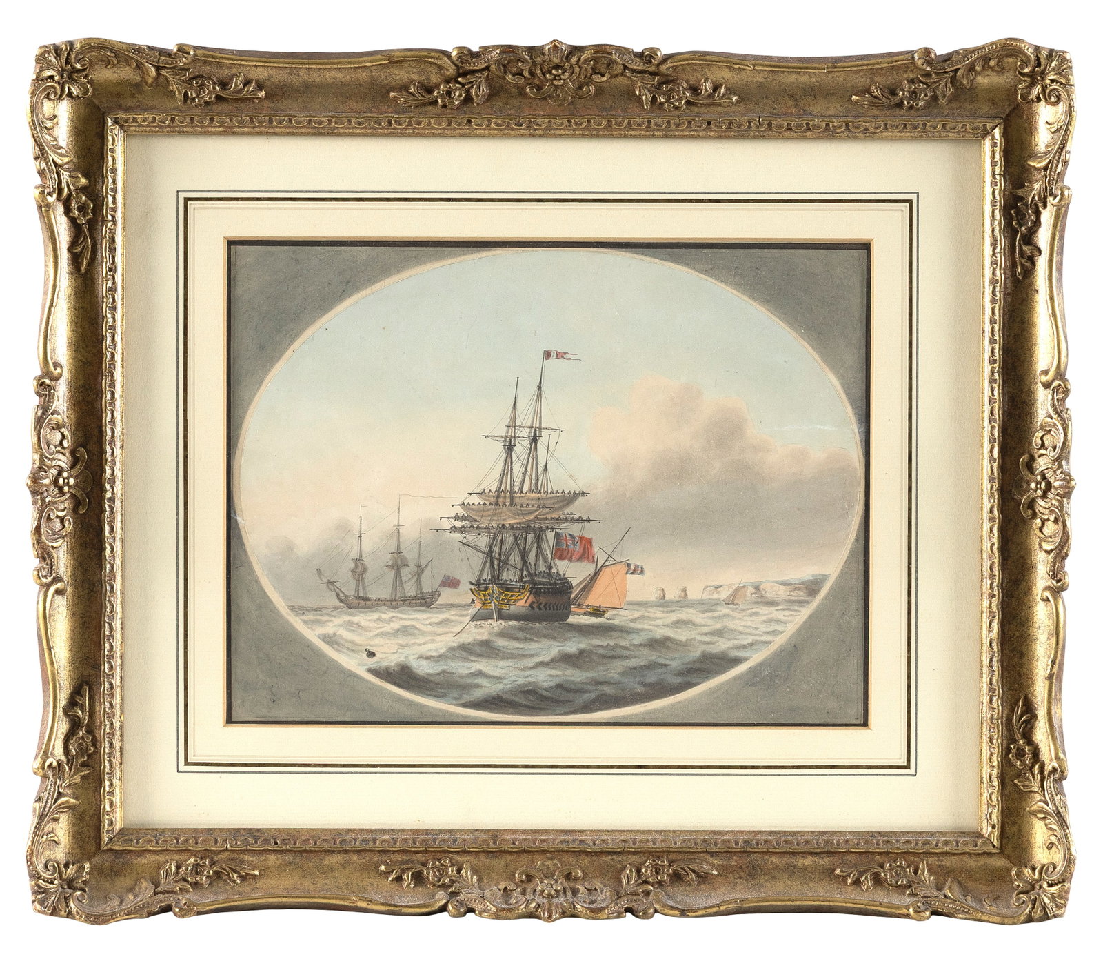BRITISH SCHOOL (Early 19th Century,), Three vessels at sea, possibly by the White Cliffs of Dover., (1 of 1)