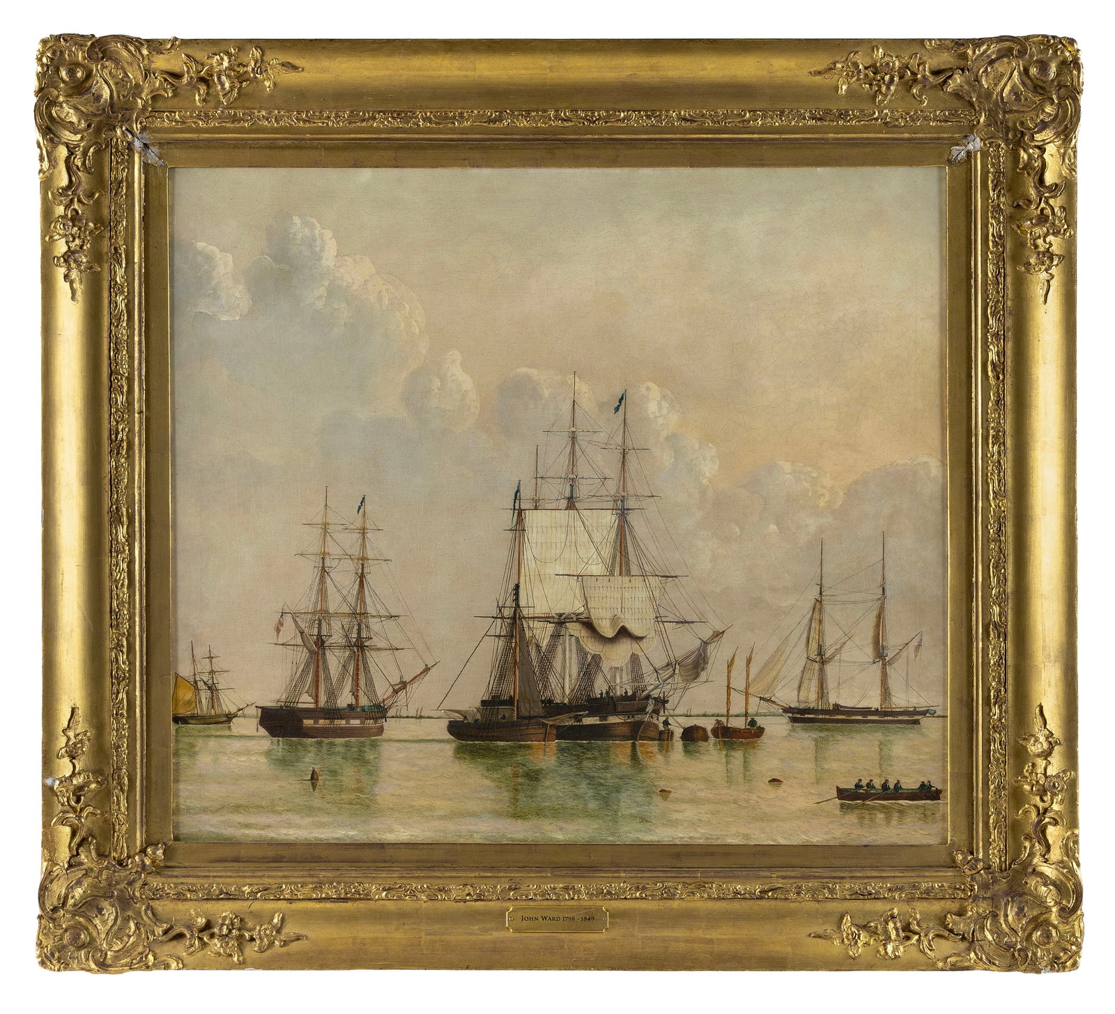 ATTRIBUTED TO JOHN WARD OF HULL (United Kingdom, 1798-1849), An assembly of rowboats and ships, Oil (1 of 1)