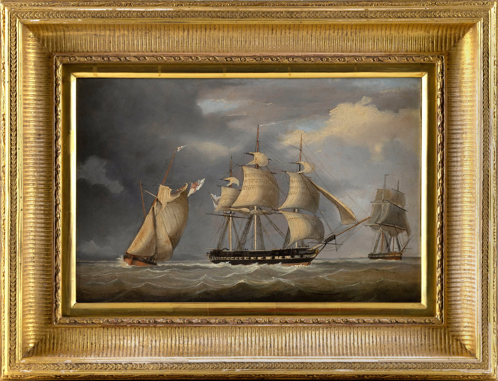 ATTRIBUTED TO THOMAS BUTTERSWORTH (United Kingdom, 1768-1842), A gunship and other vessels., Oil on (1 of 2)