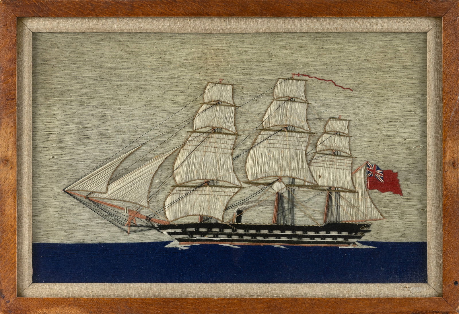 ENGLISH WOOLWORK PICTURE OF A STEAM-SAIL SHIP 19th Century 13.25" x 21" sight. Framed 16.75" x (1 of 1)