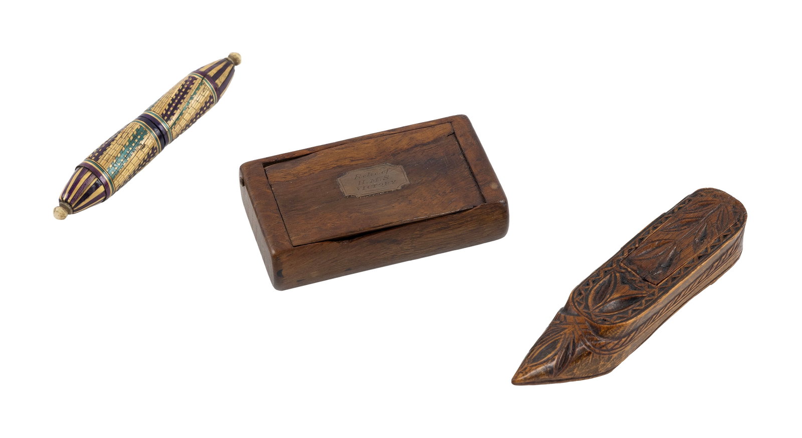 THREE NAPOLEONIC WAR-ERA ITEMS Britain/France, Early 19th Century: THREE NAPOLEONIC WAR-ERA ITEMS Britain/France, Early 19th Century 1) Carved wooden shoe-form snuff box, probably Sissinghurst Castle prisoner-of-war. Top and sliding lid with a foliate design. Length 