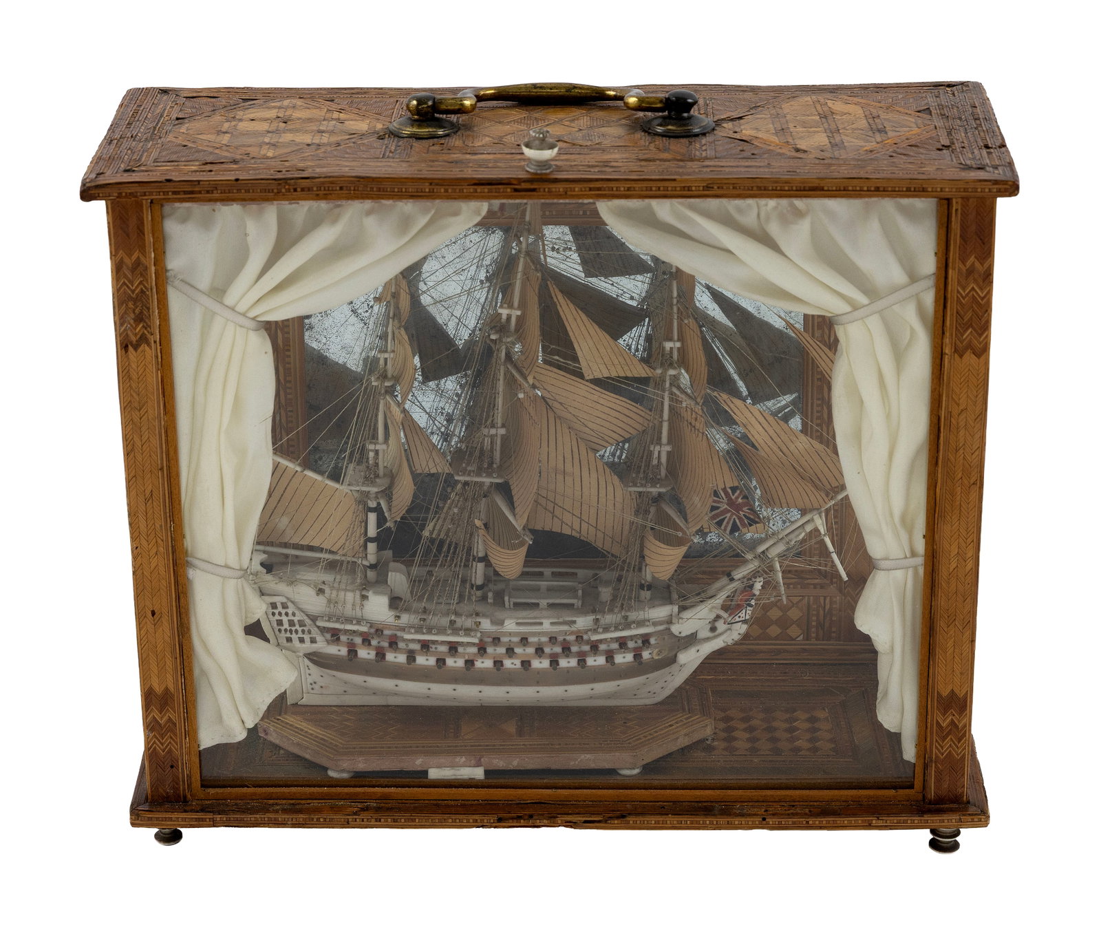 NAPOLEONIC PRISONER-OF-WAR CARVED BONE SHIP MODEL IN A STRAW WORK CASE Britain/France, 19th Century (1 of 2)