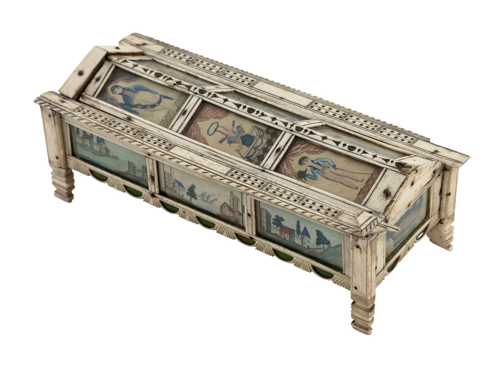 NAPOLEONIC PRISONER-OF-WAR CARVED BONE GAMES BOX Britain/France, Early 19th Century Height 3.25".: NAPOLEONIC PRISONER-OF-WAR CARVED BONE GAMES BOX Britain/France, Early 19th Century Peaked sliding lid with inset still life and figural watercolor paintings under glass. Additional watercolor still l