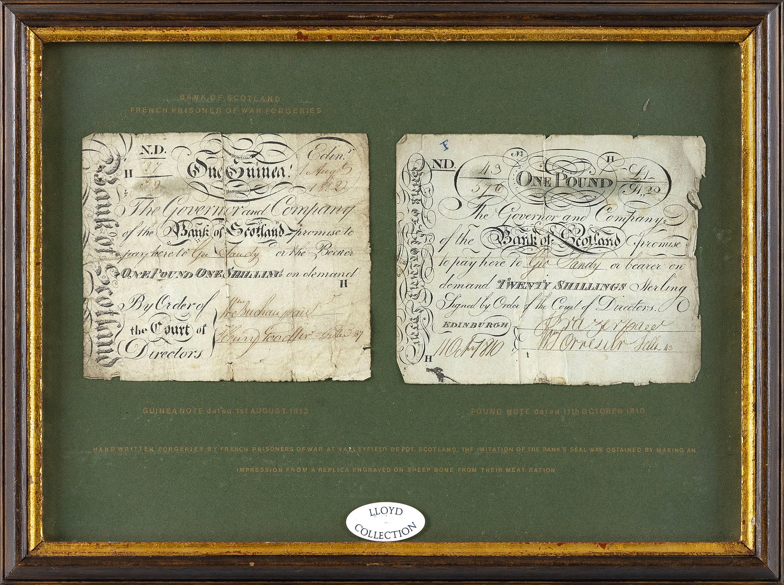 TWO RARE NAPOLEONIC PRISONER-OF-WAR FORGED BANKNOTES Circa 1811-1814 Notes approx. 4.75" x 5.5".: TWO RARE NAPOLEONIC PRISONER-OF-WAR FORGED BANKNOTES Circa 1811-1814 A Bank of Scotland one guinea note dated August 1, 1812 and a Bank of Scotland one pound note dated October 11, 1810, produced by F
