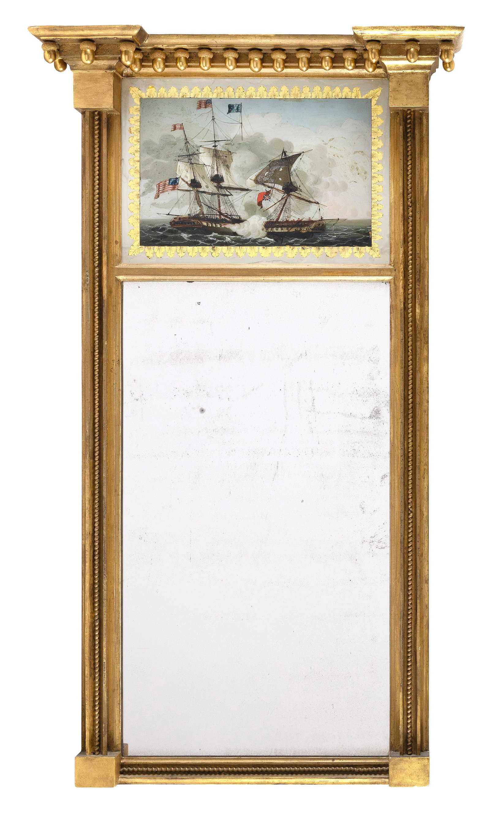 FEDERAL GILTWOOD AND EGLOMISE MIRROR WITH WAR OF 1812 NAVAL BATTLE SCENE 19th Century Height 45.75". (1 of 1)
