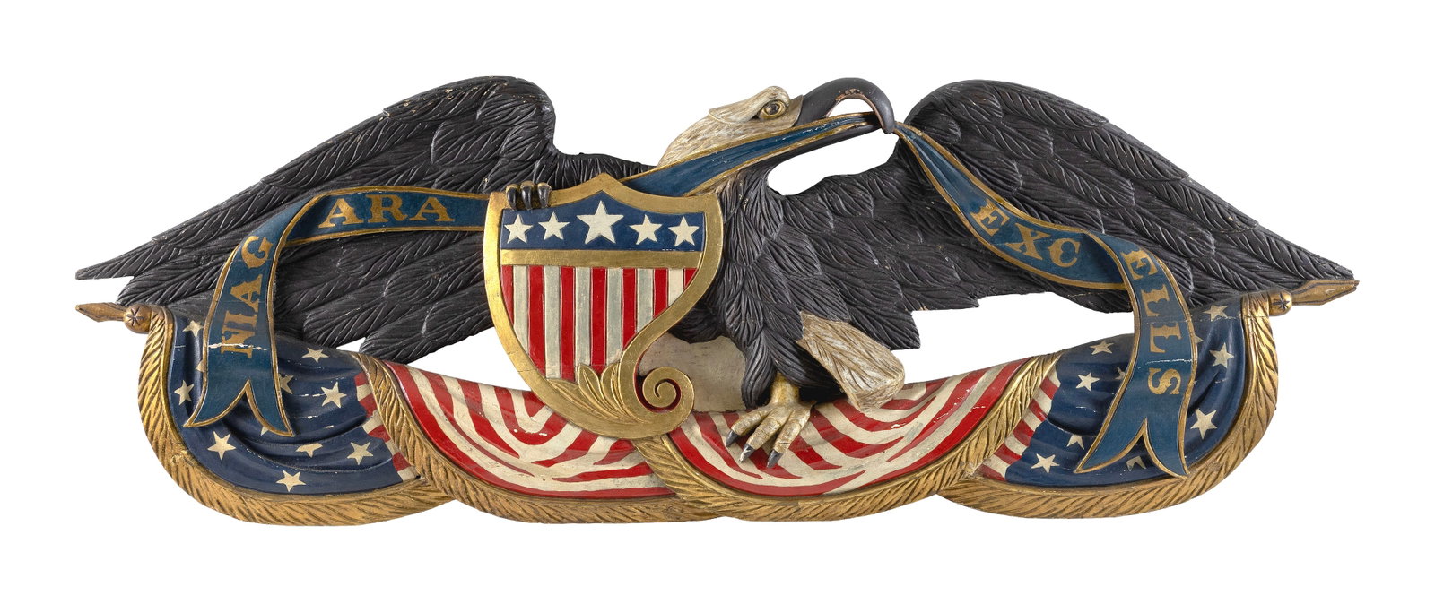 CARVED, PAINTED AND GILDED SPREAD-WING EAGLE PLAQUE America, Circa 1880 Height 12". Length 49.5". (1 of 1)