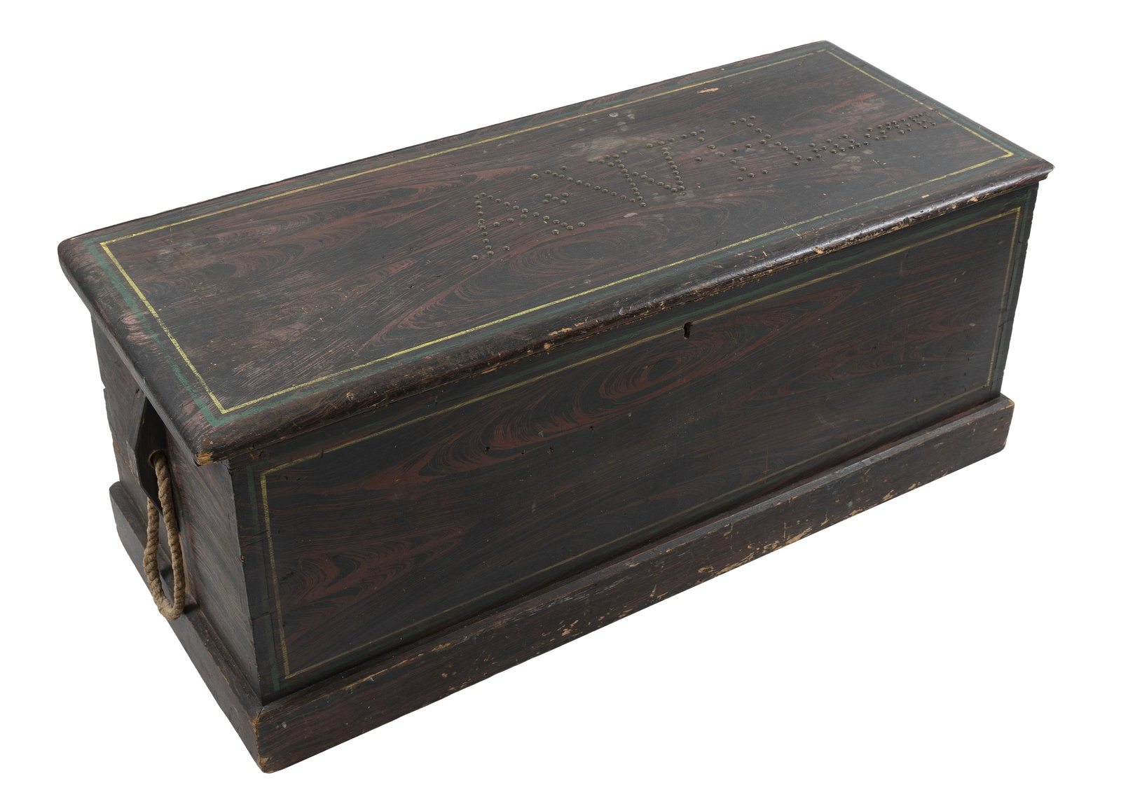 A.W. HALLOWELL GRAIN-PAINTED SEA CHEST Circa 1880 Height 19". Width 48". Depth 19.5".: A.W. HALLOWELL GRAIN-PAINTED SEA CHEST Circa 1880 Red swirling grain pattern against a black ground, with bright yellow and green banding around the perimeter of the top and front. Lid with "A * W * H