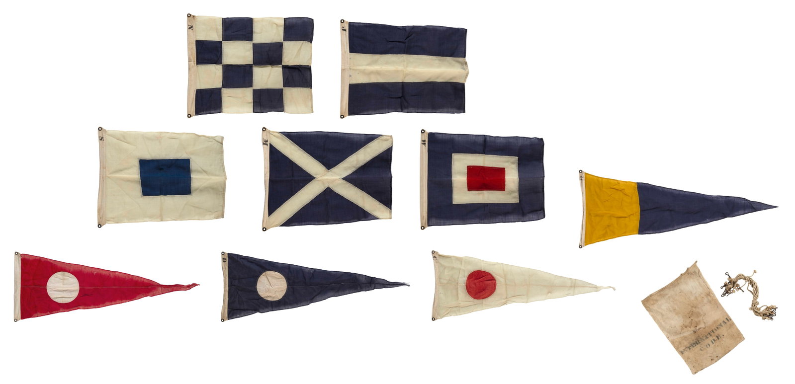 NINE SIGNAL FLAGS FROM THE BARK "NEMO" 19th Century Bag length 19". (1 of 11)