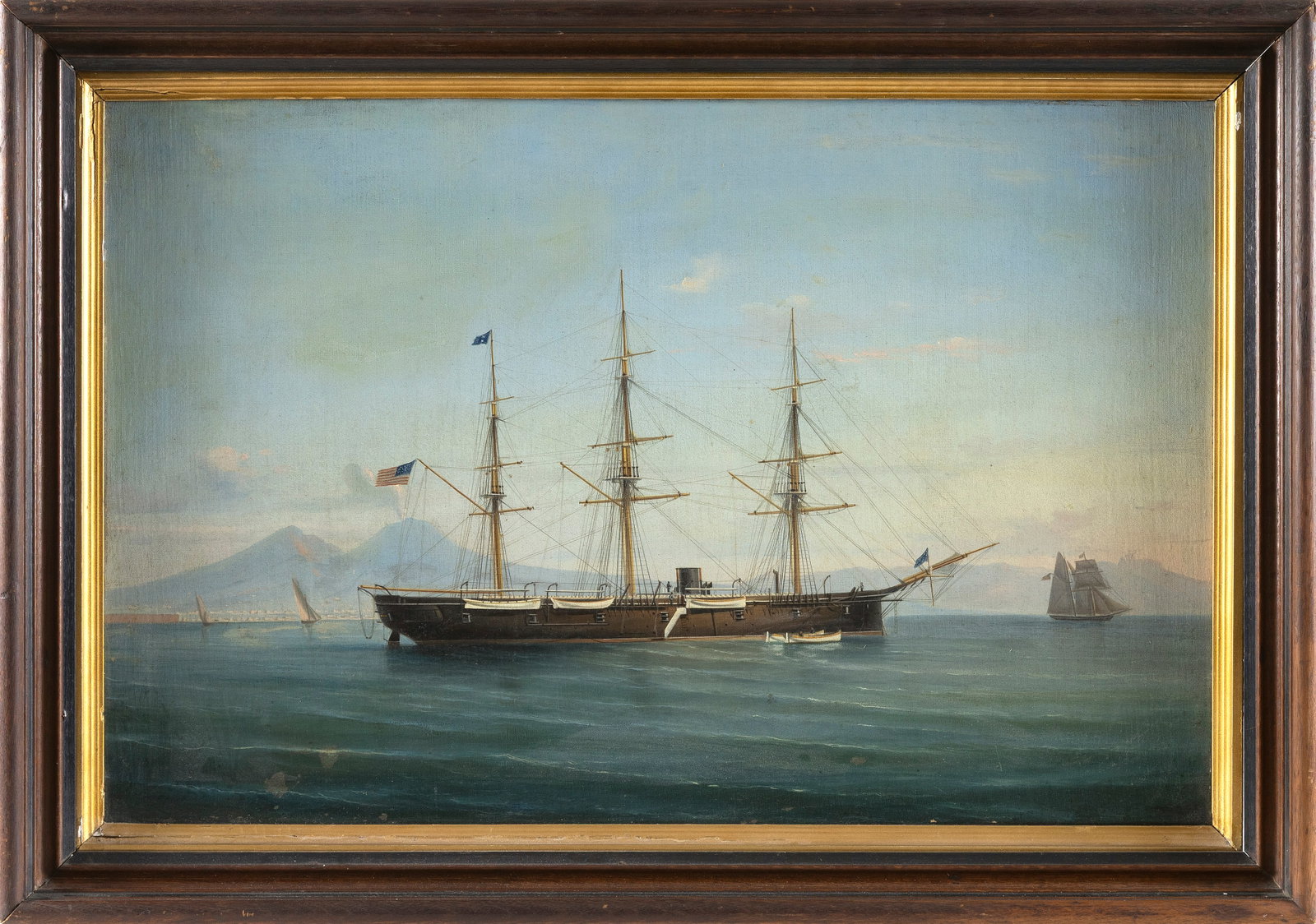 ITALIAN SCHOOL (Late 19th Century,), A steam-sail ship off Naples, Oil on canvas laid down on board,: ITALIAN SCHOOL Late 19th Century A steam-sail ship off Naples, flying an American flag off the gaff and a jack at the bow. Other sailing vessels and a steaming Mount Vesuvius in the distance. Unsigned
