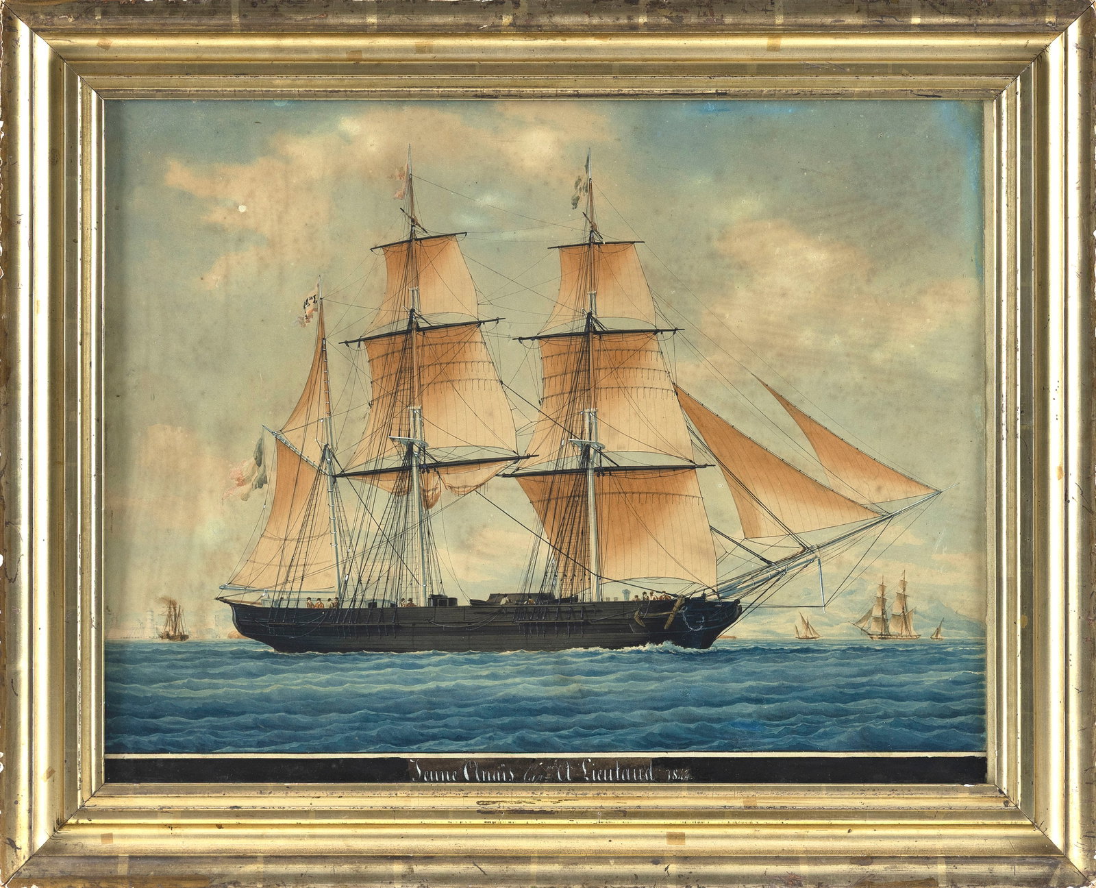 FRANCOIS JOSEPH FREDERIC ROUX (France, 1805-1870/74), The ship Jeune., Watercolor, 17" x 22" sight.: FRANCOIS JOSEPH FREDERIC ROUX France, 1805-1870/74 The ship Jeune. Unsigned. Roux label verso. Watercolor, 17" x 22" sight. Framed 22" x 27.25".