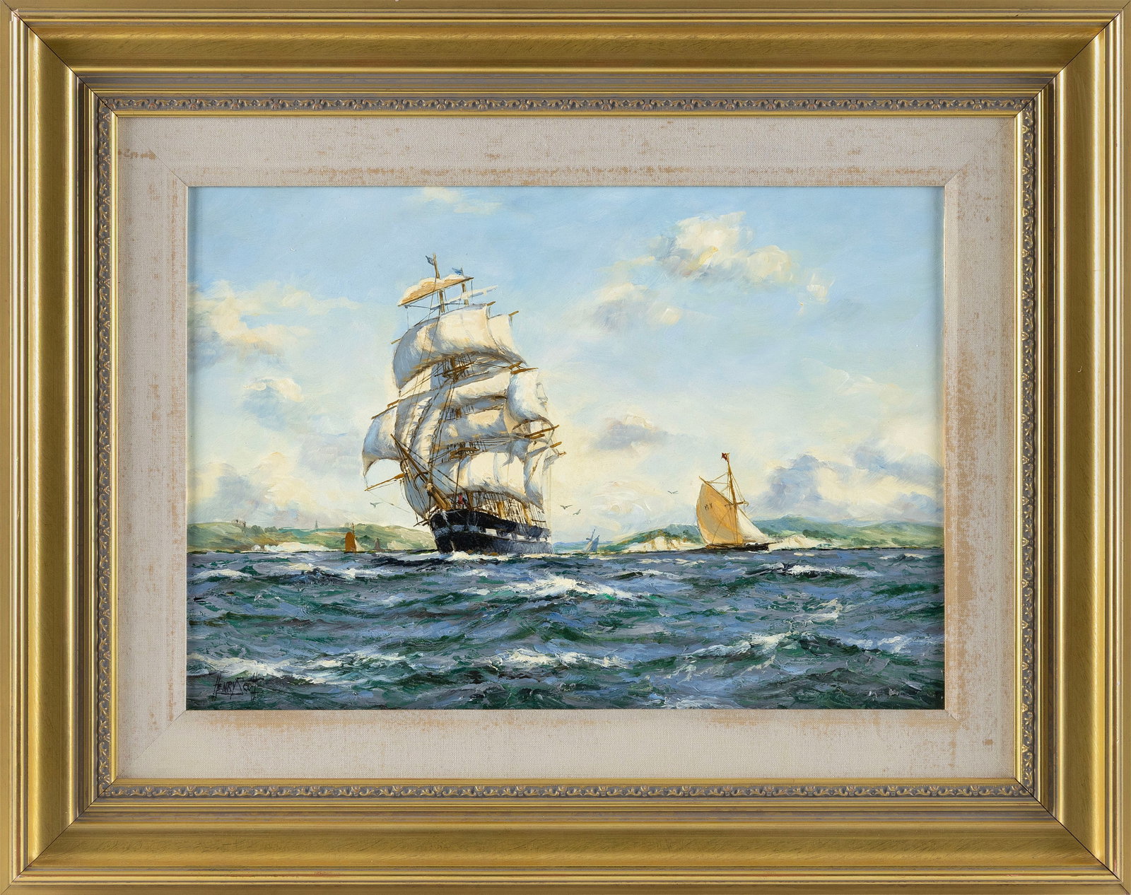 HENRY SCOTT (United Kingdom, 1911-2005), "Fair Winds off Devon"., Oil on canvas board, 14" x 20".: HENRY SCOTT United Kingdom, 1911-2005 "Fair Winds off Devon". Signed lower left "Henry Scott". Titled verso. Oil on canvas board, 14" x 20". Framed 23" x 29".
