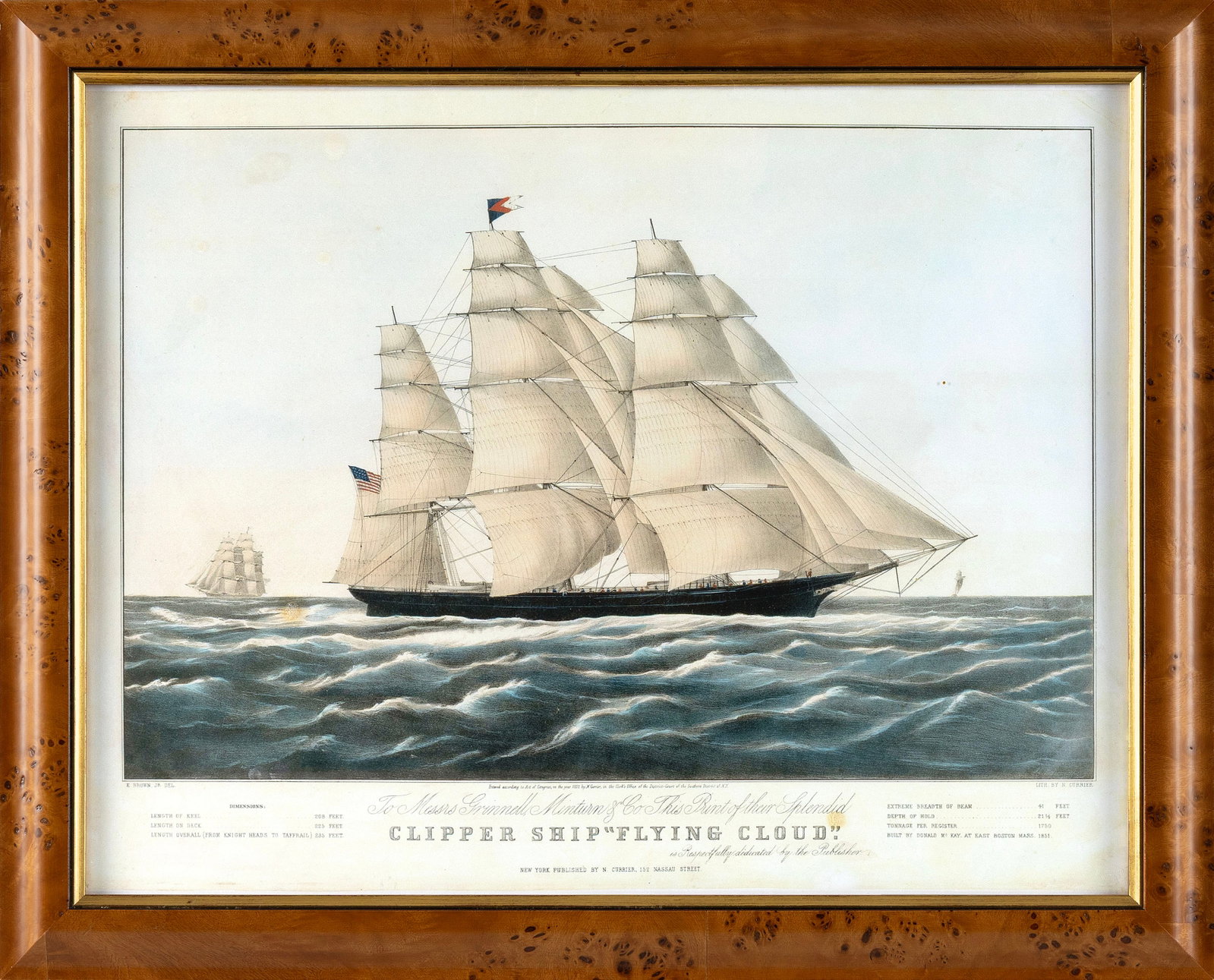 CURRIER & IVES HAND-COLORED LITHOGRAPH "CLIPPER SHIP 'FLYING CLOUD'" 19th Century 14" x 18" sight. (1 of 1)