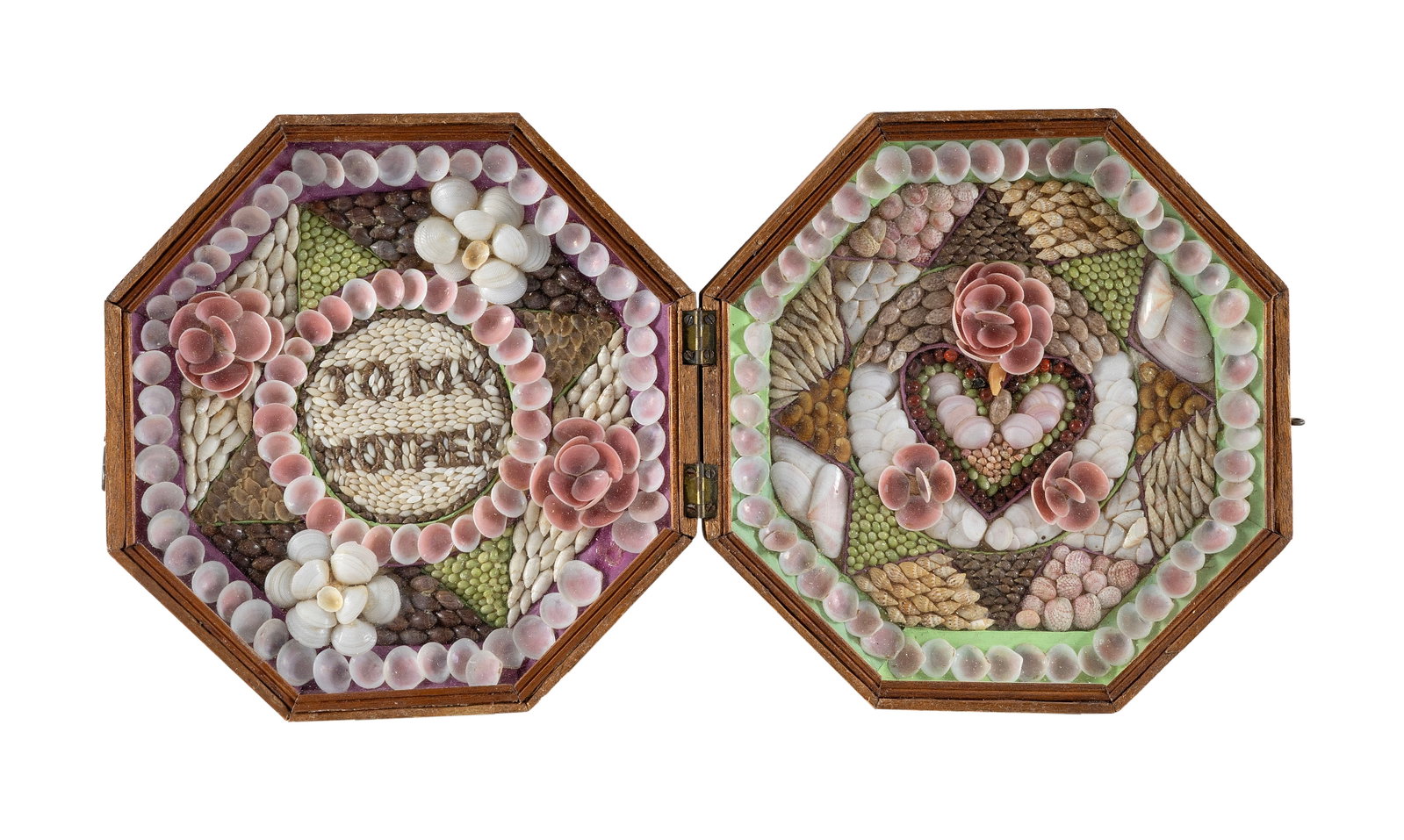 DOUBLE SAILOR'S VALENTINE "TO MY MOTHER" Barbados, Late 19th/Early 20th Century Case closed 9" x 9".: DOUBLE SAILOR'S VALENTINE "TO MY MOTHER" Barbados, Late 19th/Early 20th Century Composed of multicolored shells, the left side with "To My Mother" within a geometric pattern and the right side with a 