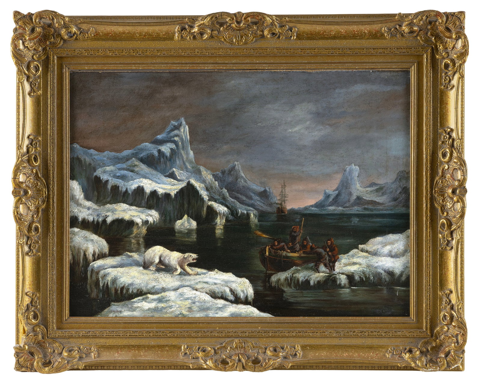 AMERICAN SCHOOL (19th Century,), Arctic scene with a polar bear and hunters., Oil on canvas, 16" x (1 of 1)