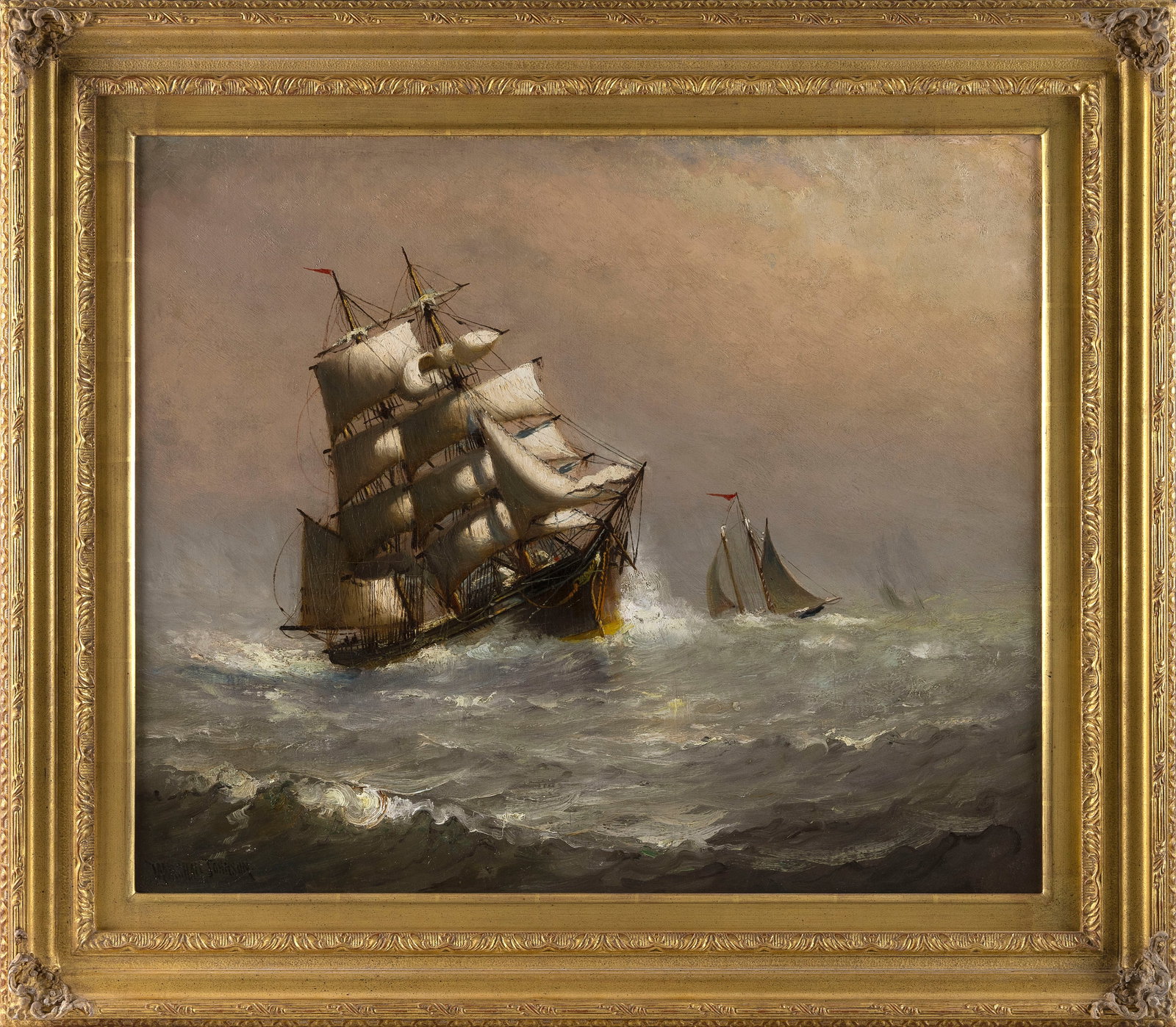 MARSHALL JOHNSON, JR. (Massachusetts, 1850-1921), Heading out past the pilot boat., Oil on canvas, (1 of 2)
