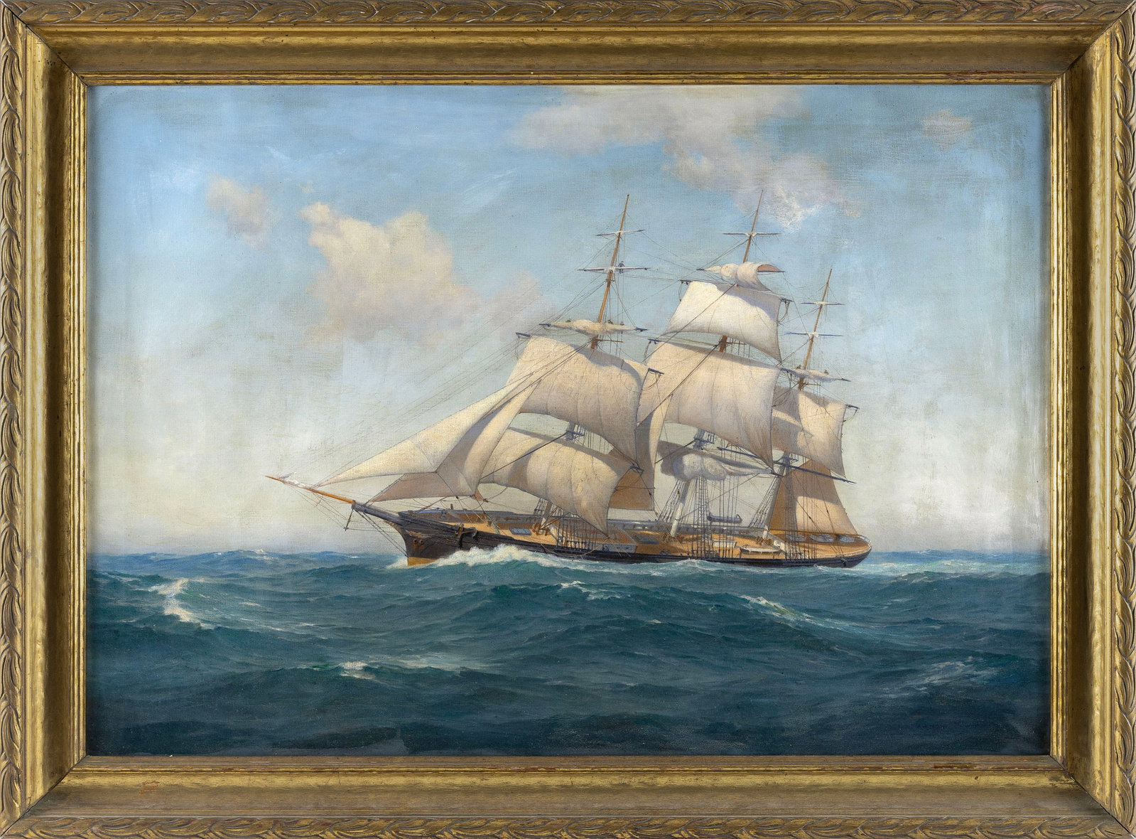 WARREN W. SHEPPARD (New Jersey, 1858-1937), Ship at sea., Oil on canvas, 25" x 36". Framed 30.5" x (1 of 1)