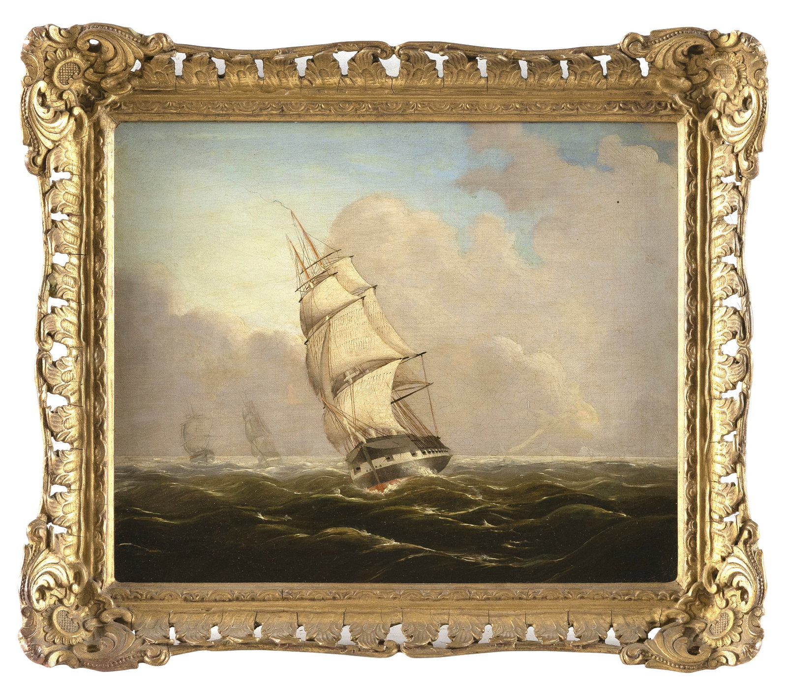 AMERICAN SCHOOL (19th Century,), A ship and another two vessels on the distant hazy horizon., Oil on (1 of 1)