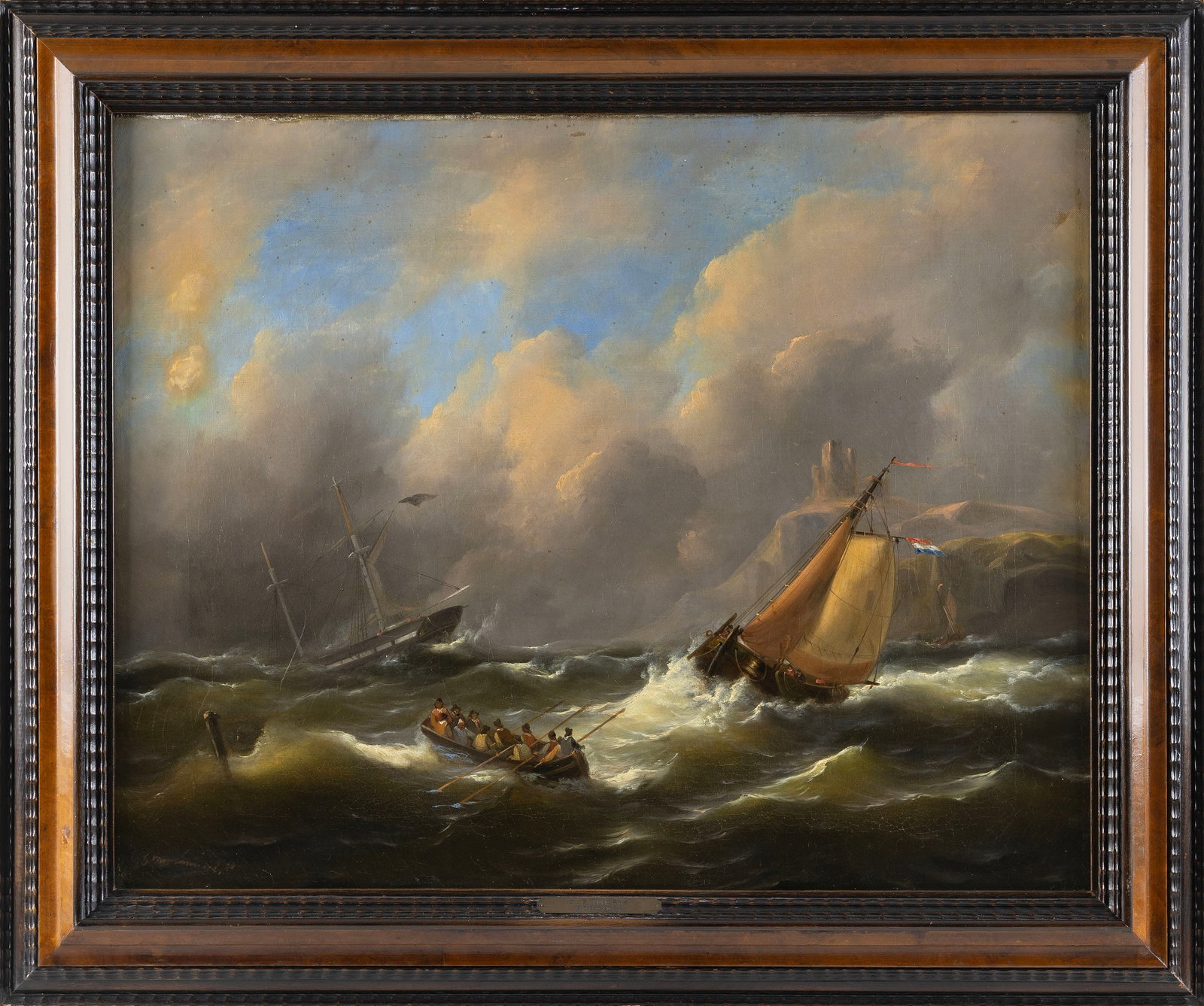 GOVERT VON EMMERIK (The Netherlands, 1808-1882), Vessel in heavy seas., Oil on canvas, 23" x 29".: GOVERT VON EMMERIK The Netherlands, 1808-1882 Vessel in heavy seas. Signed lower left "G. von Emmerik". Oil on canvas, 23" x 29". Framed 29" x 35".