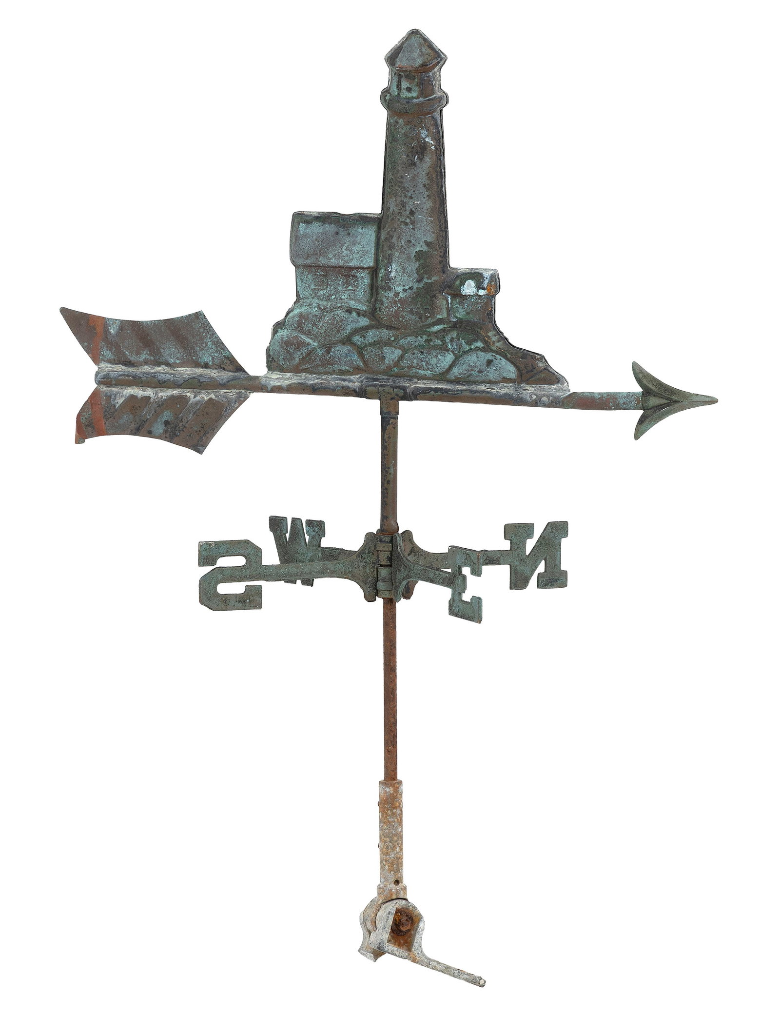 COPPER LIGHTHOUSE WEATHER VANE America, Mid-20th Century Height 29". Length 21". (1 of 1)