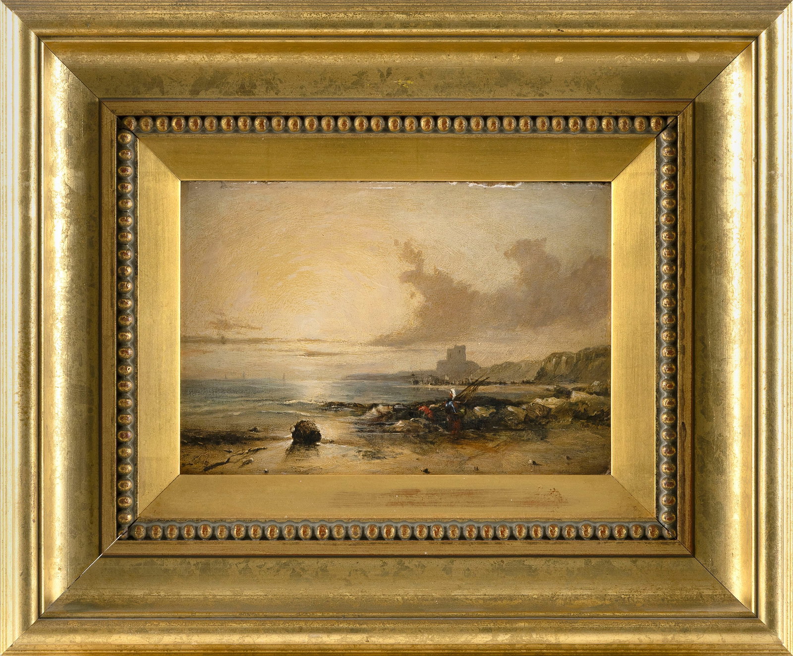 ENGLISH SCHOOL (19th Century,), Sun rising over ships wrecked on the coast., Oil on tin, 7" x 9". (1 of 2)