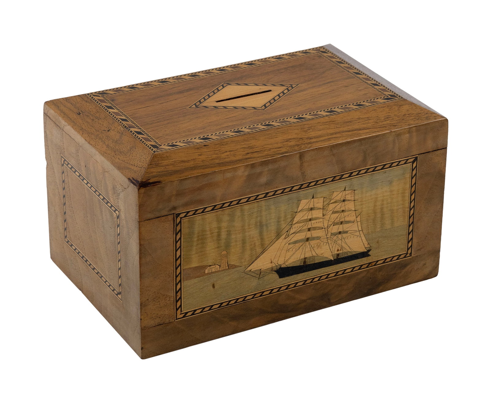 TUNBRIDGE WARE BANK BOX DEPICTING A SHIP England, Circa 1890 Height 4.5". Width 8.25". Depth 5.5". (1 of 1)