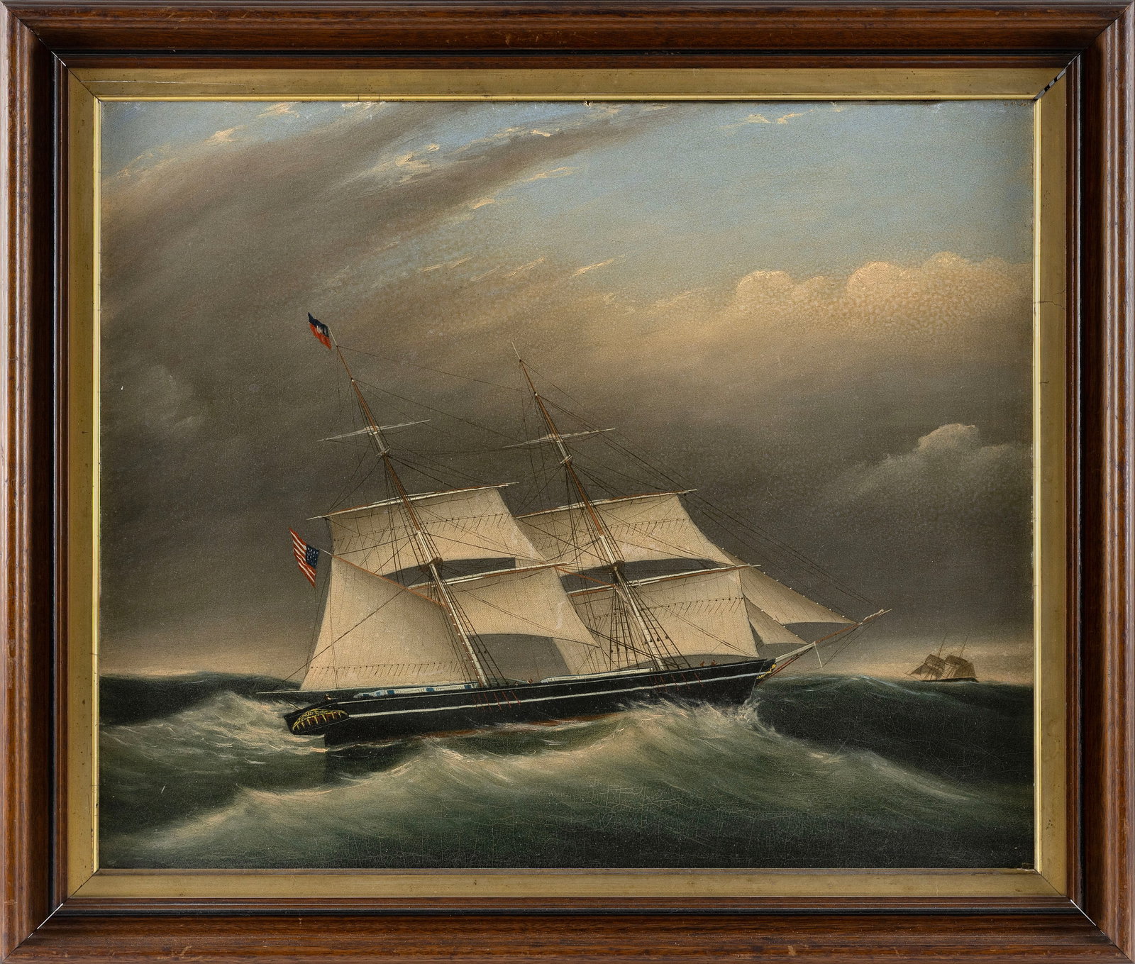 ATTRIBUTED TO CLEMENT DREW (Massachusetts, 1806-1889), An American brig at sea., Oil on canvas, 22" (1 of 1)