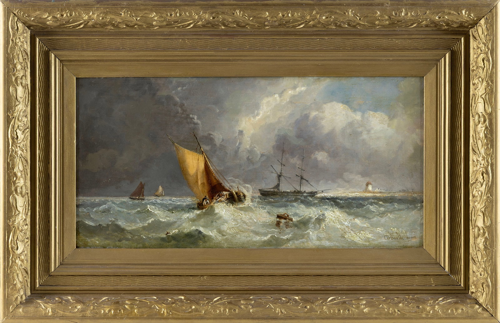 ARTHUR JOSEPH MEADOWS (United Kingdom, 1843-1907), Ships in turbulent seas off the coast., Oil on (1 of 1)