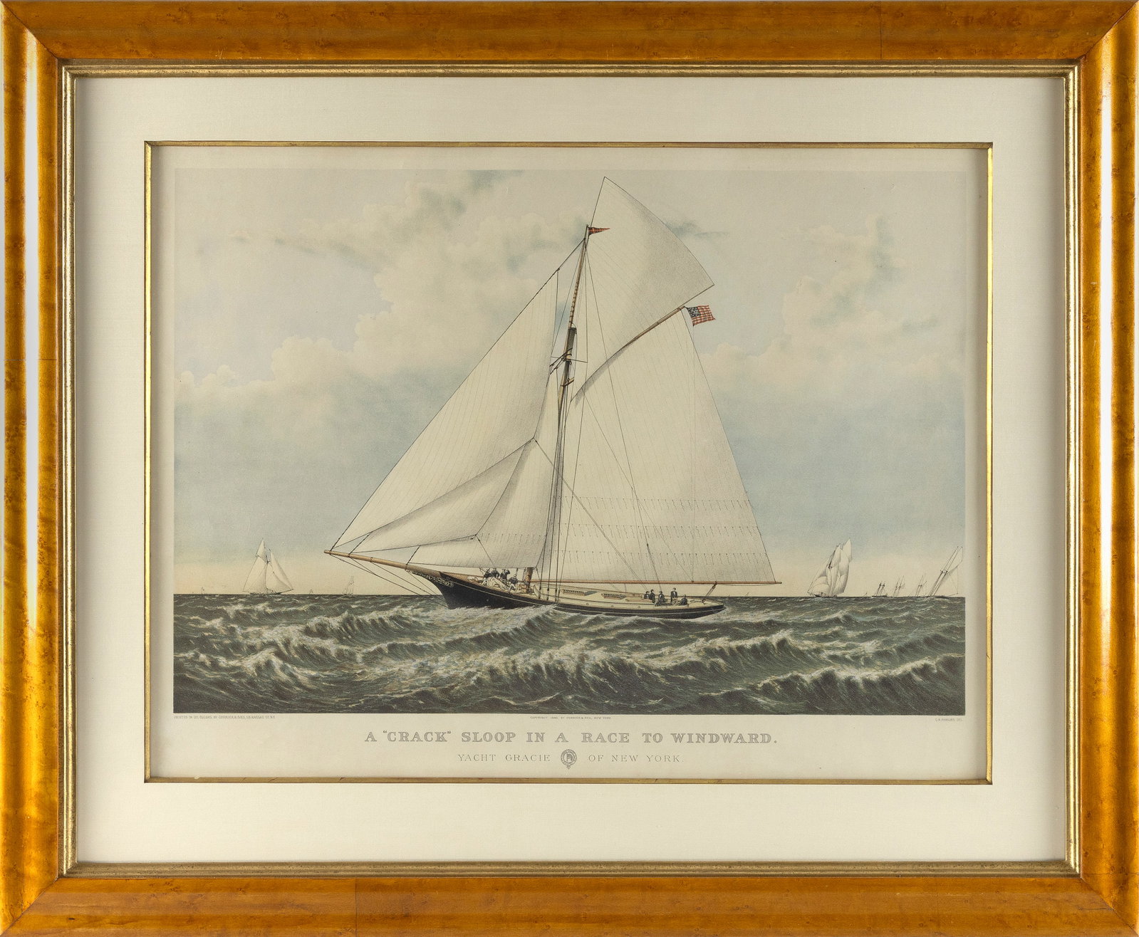 CURRIER & IVES HAND-COLORED LITHOGRAPH "A 'CRACK' SLOOP IN A RACE TO WINDWARD: YACHT GRACIE OF NEW (1 of 1)