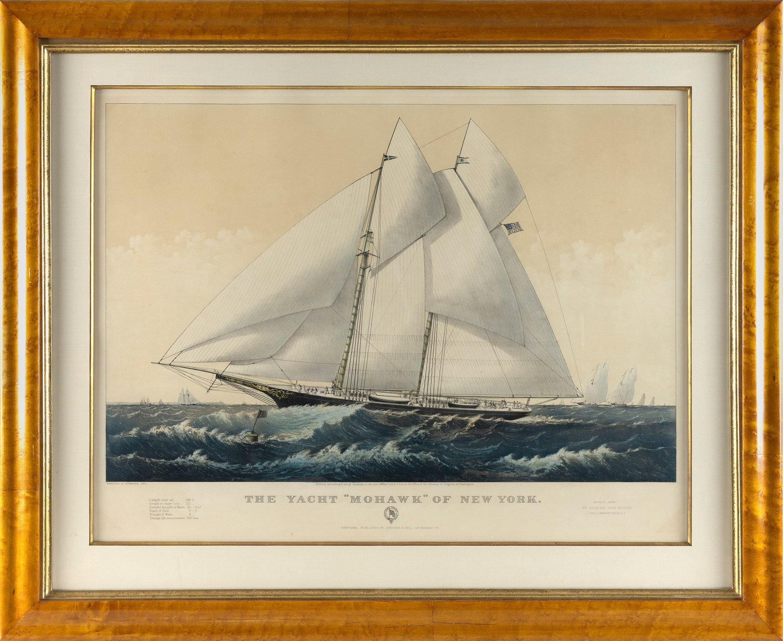 CURRIER & IVES HAND-COLORED LITHOGRAPH "THE YACHT 'MOHAWK' OF NEW YORK" 19th Century 23" x 30.5" (1 of 1)