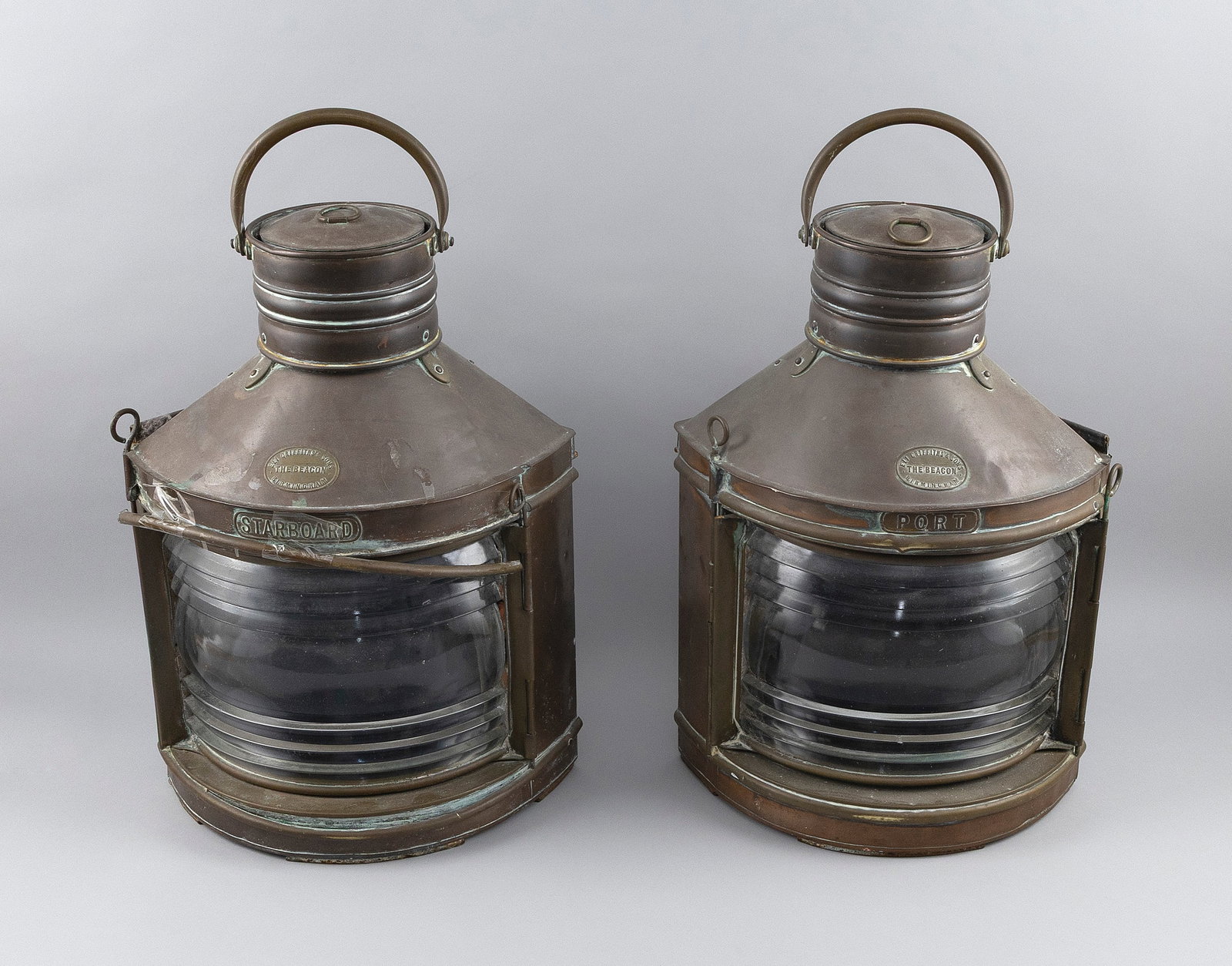 PAIR OF COPPER PORT AND STARBOARD LANTERNS WITH FRESNEL LENSES England, Early 20th Century Heights (1 of 5)