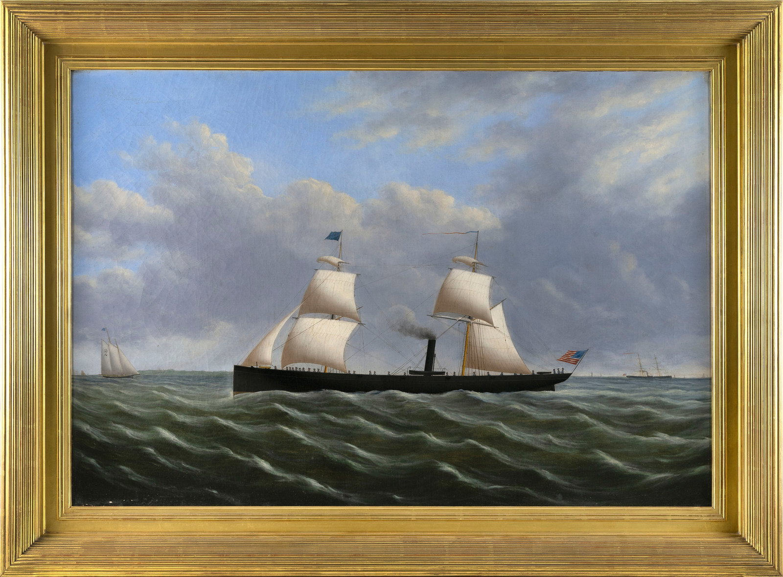 AMERICAN SCHOOL (19th Century,), A steam/sail ship with pilot boat #2 off her bow., Oil on canvas, (1 of 2)