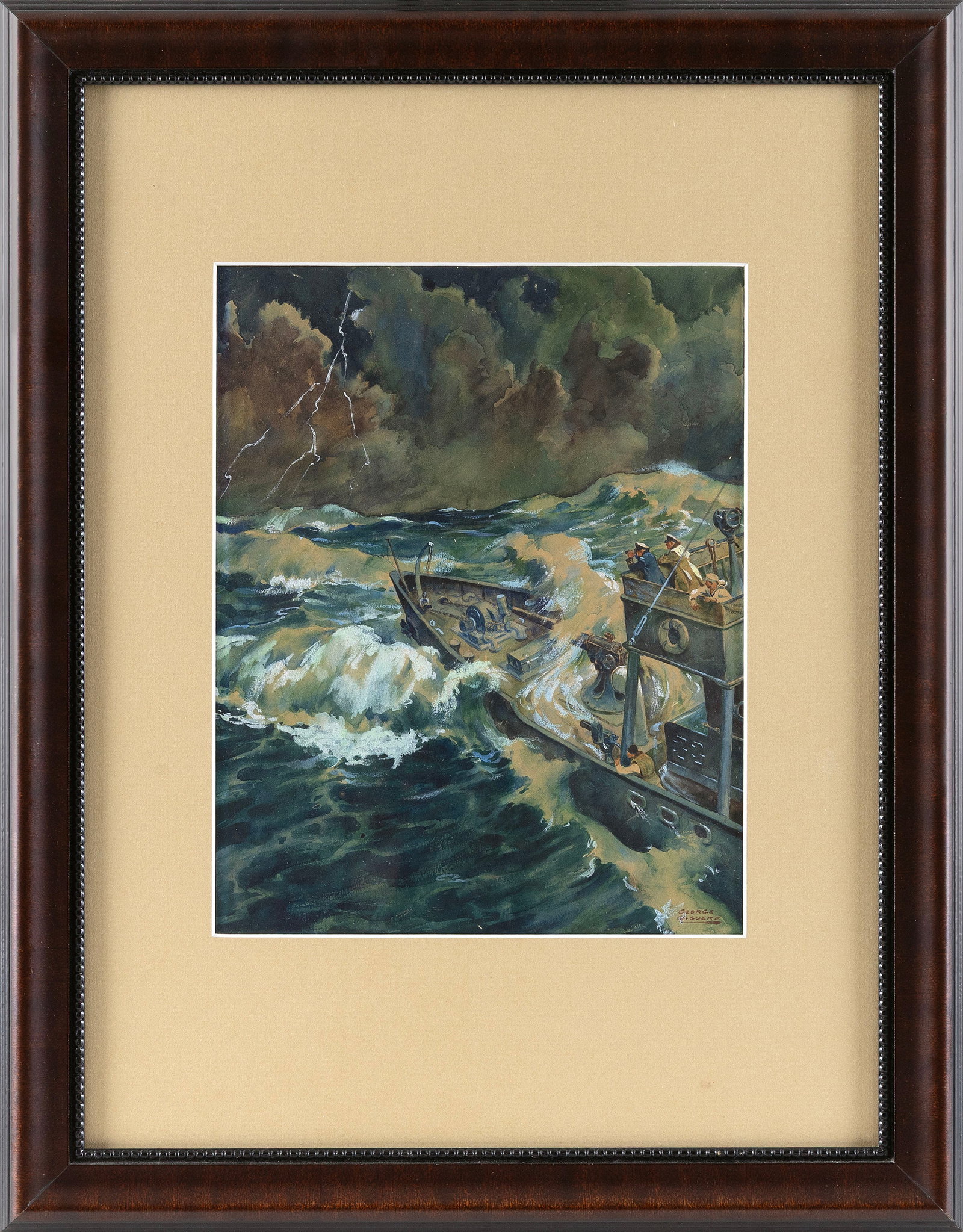 GEORGE GIGUERE (New York, 1917-1953), "The Navy Hunts the CGR 3070"., Watercolor and gouache, 12.5" (1 of 2)