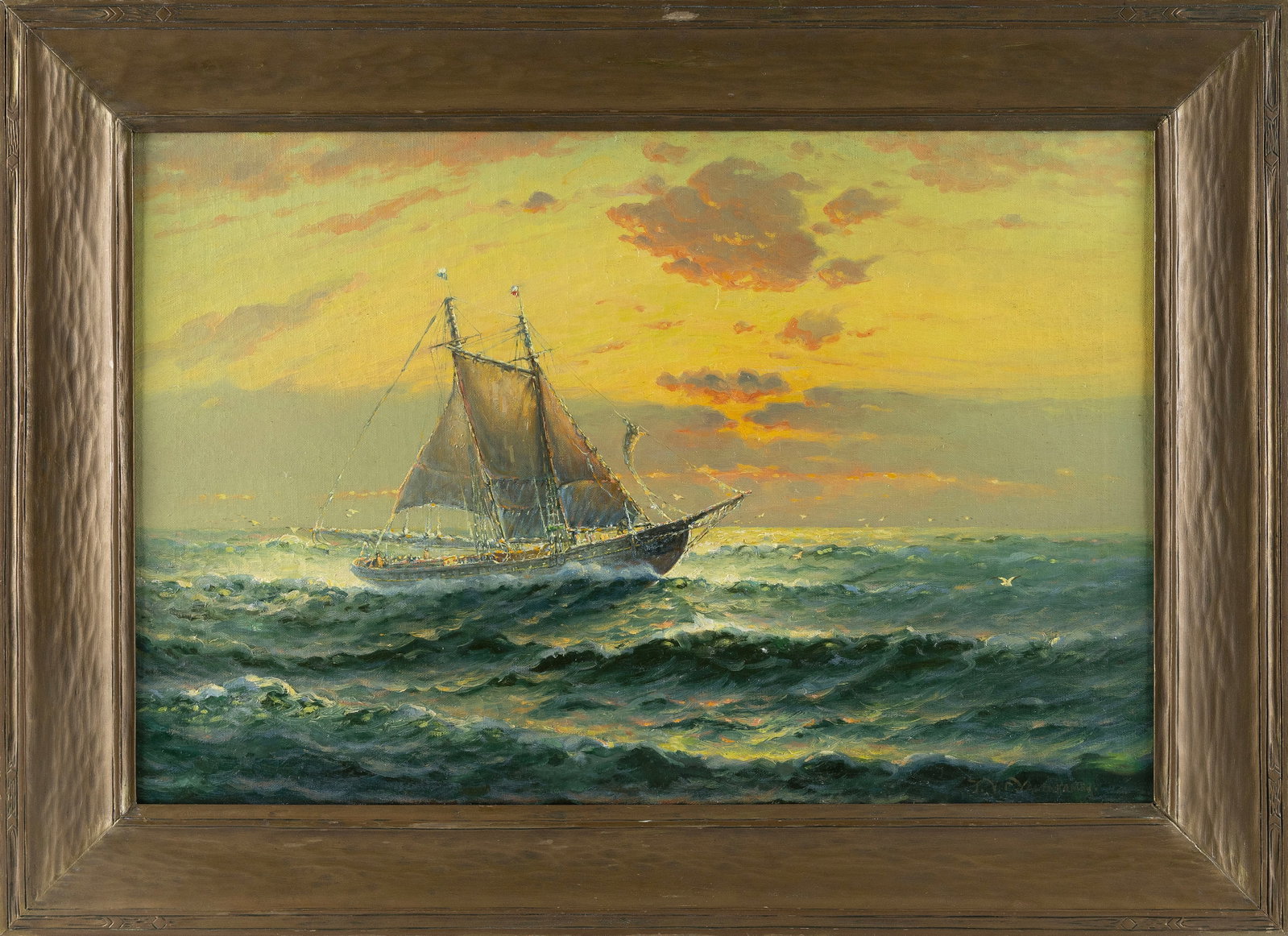 THEODORE VICTOR CARL VALENKAMPF (Massachusetts/Sweden, 1868-1924), Sailboat under a sunset sky., Oil (1 of 1)